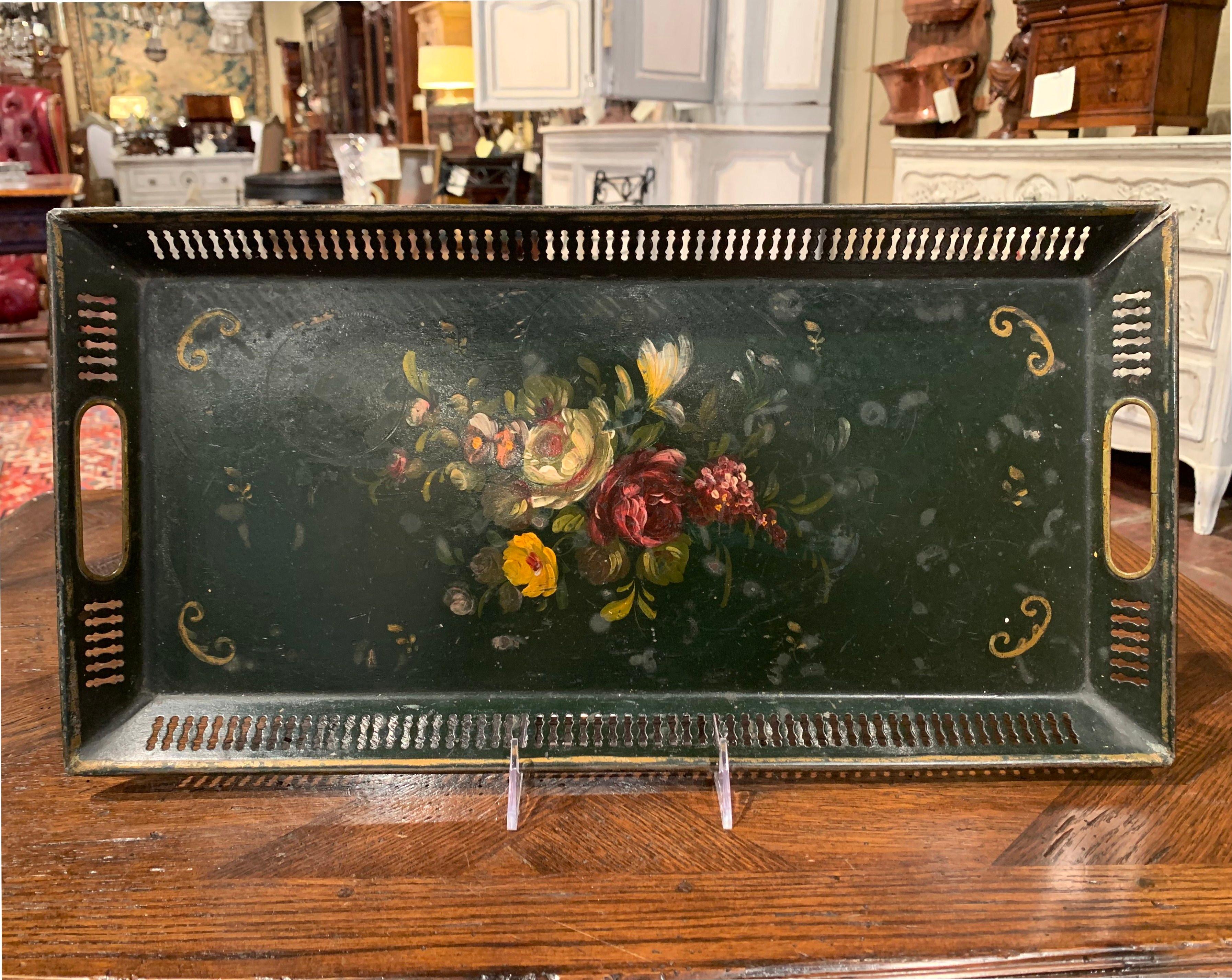 Hand-Painted 19th Century French Hand Painted Rectangular Gallery Tole Tray with Floral Decor