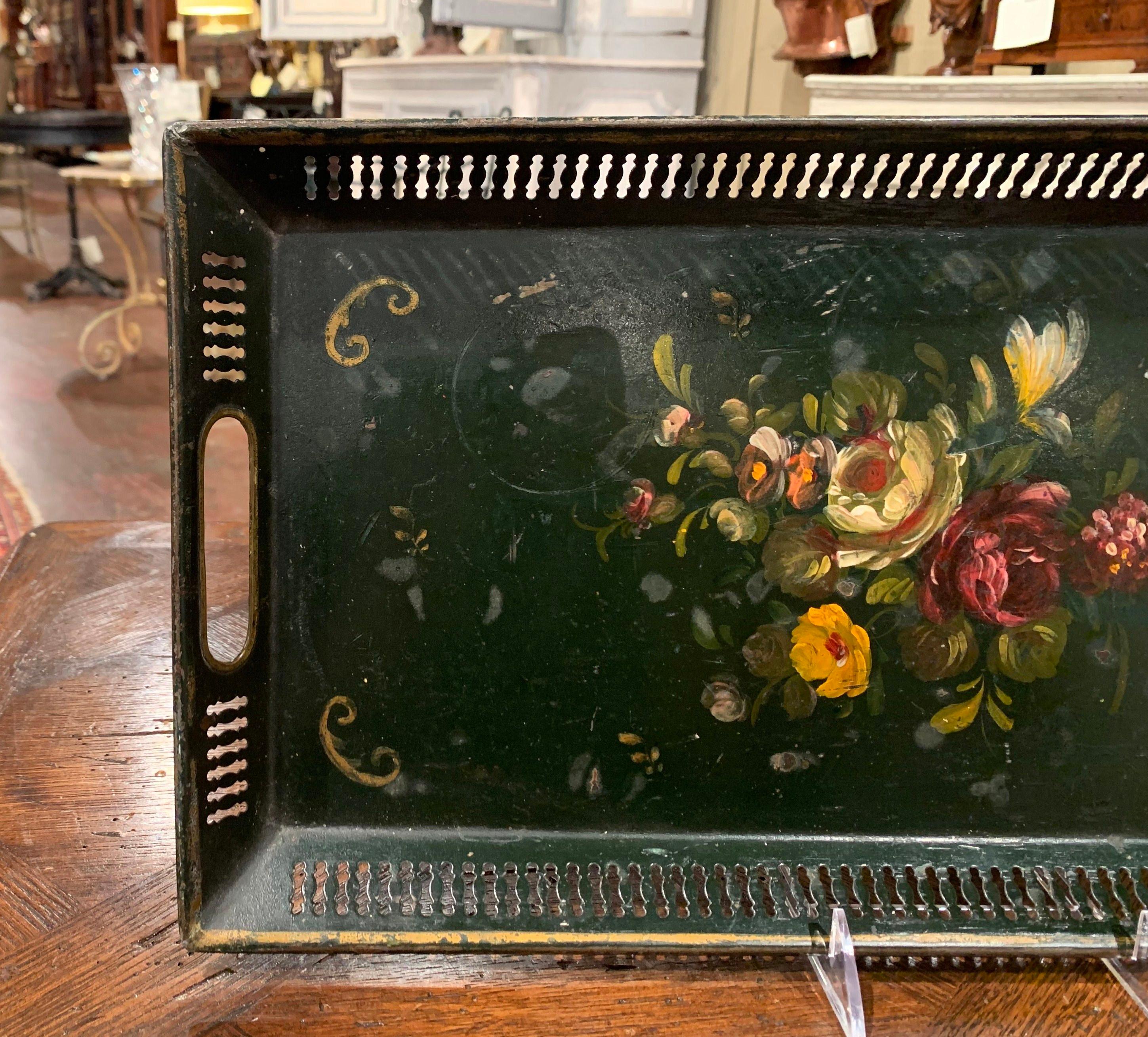 19th Century French Hand Painted Rectangular Gallery Tole Tray with Floral Decor In Excellent Condition In Dallas, TX