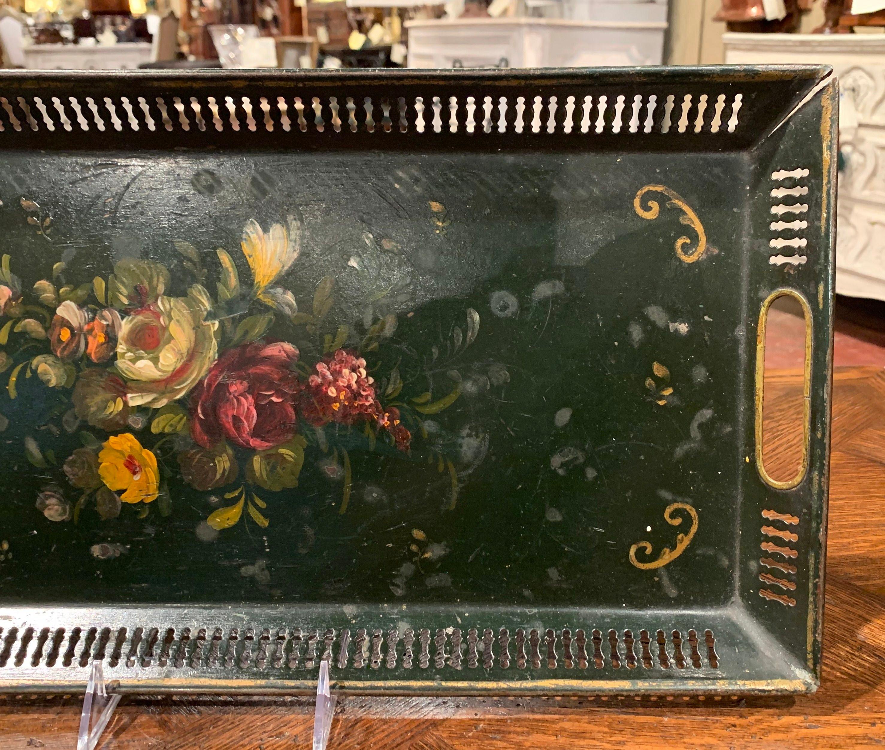 Metal 19th Century French Hand Painted Rectangular Gallery Tole Tray with Floral Decor