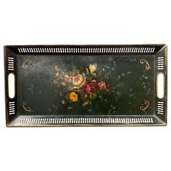 19th Century French Hand Painted Rectangular Gallery Tole Tray with Floral Decor