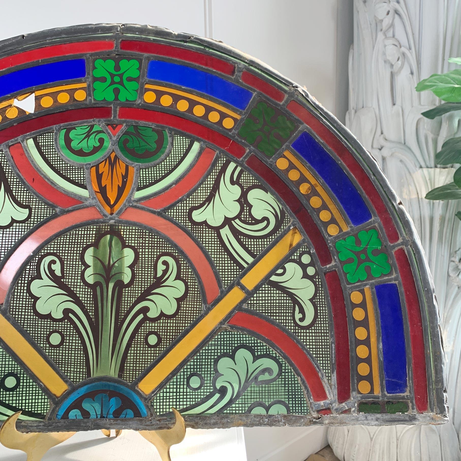 19th Century French Hand Painted Red, Blue and Green Stained Glass Church Panel For Sale 5