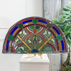 19th Century French Hand Painted Red, Blue and Green Stained Glass Church Panel