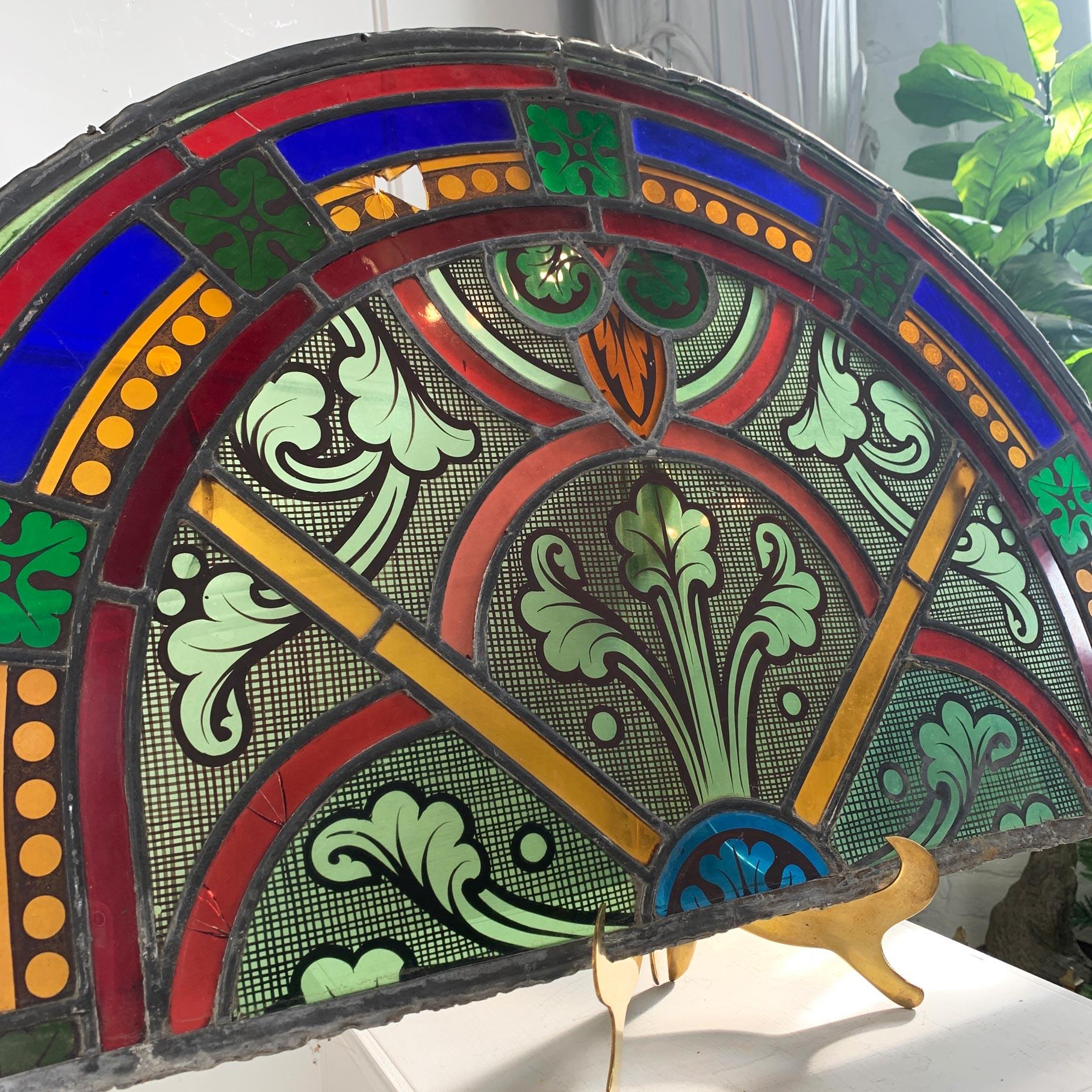 19th Century French Hand Painted Red, Blue and Green Stained Glass Church Panel For Sale 1