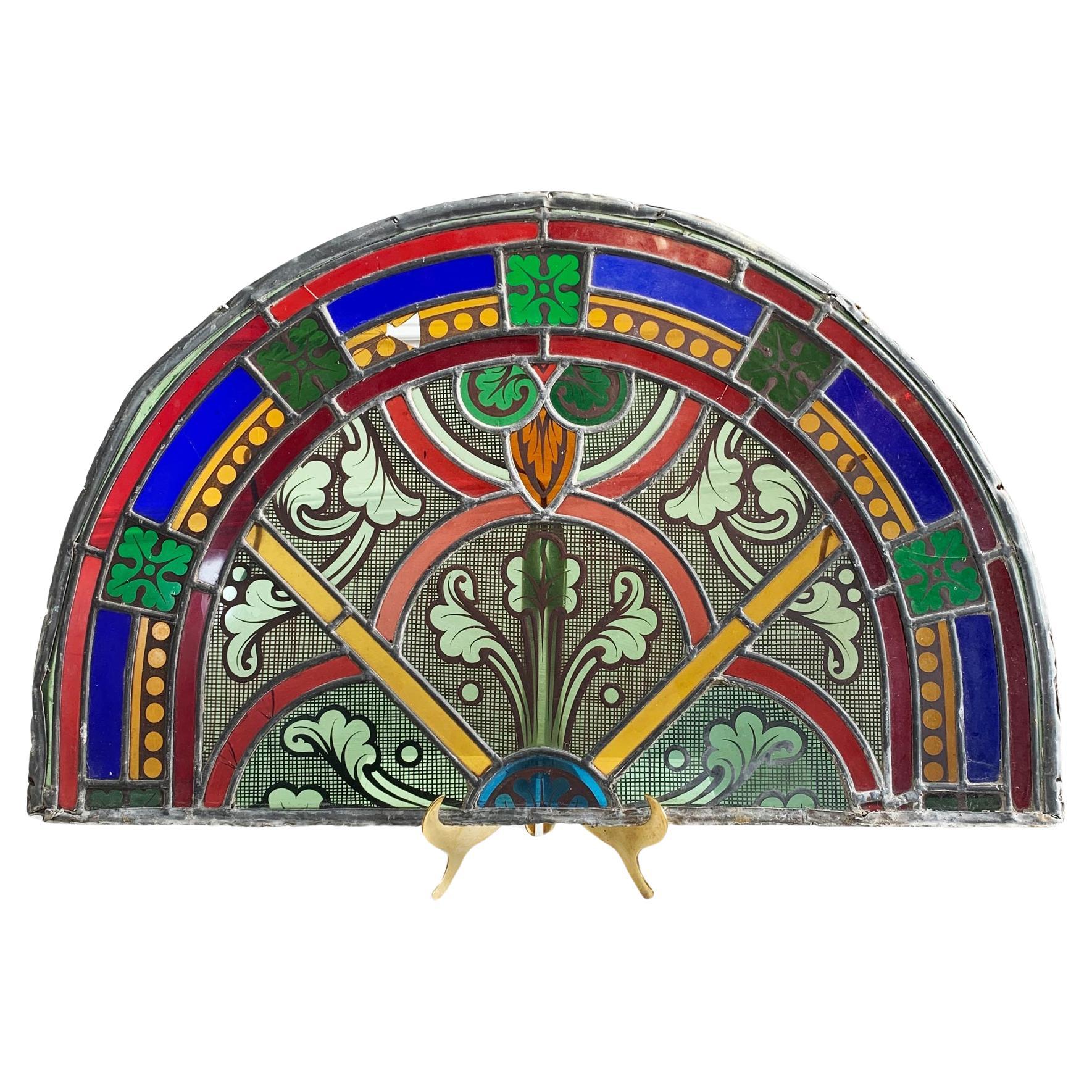 19th Century French Hand Painted Red, Blue and Green Stained Glass Church Panel For Sale
