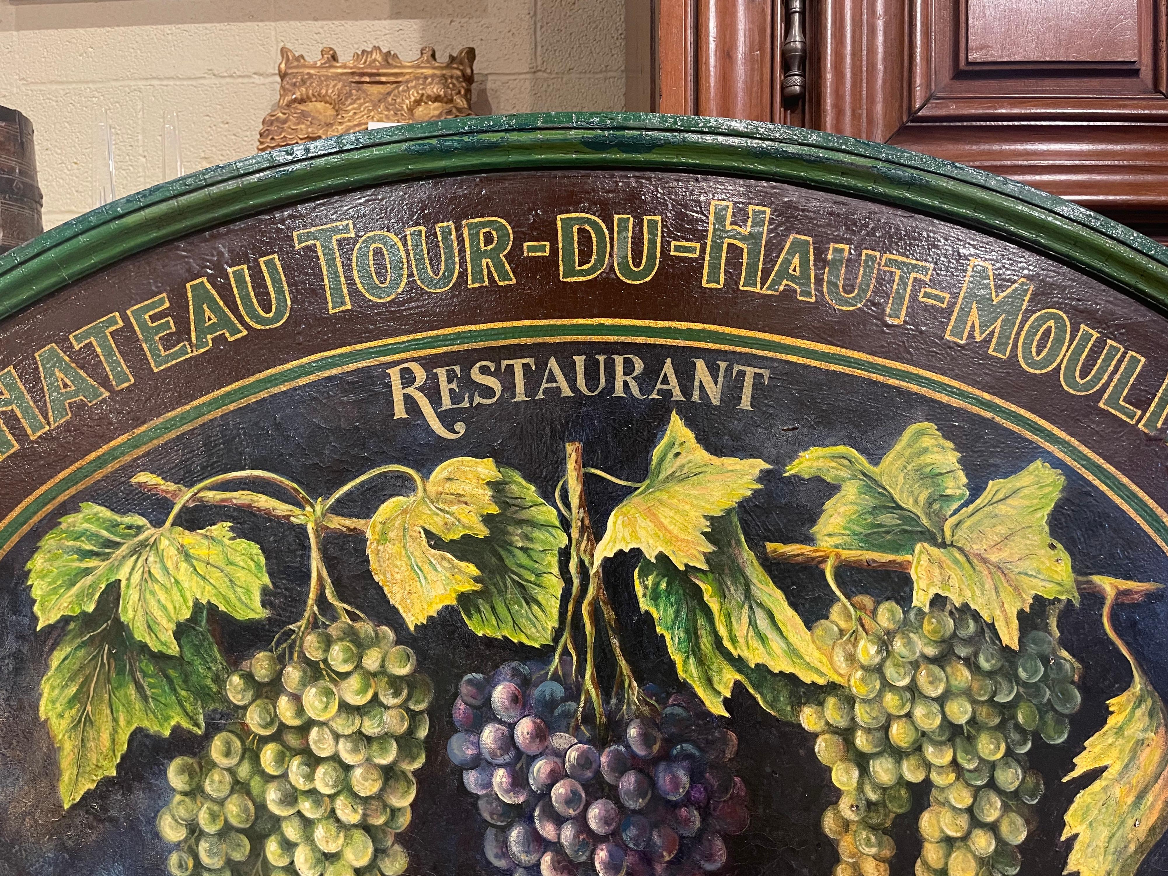Hand-Carved 19th Century French Hand Painted Restaurant Wine Sign on Leather in Wooden Frame