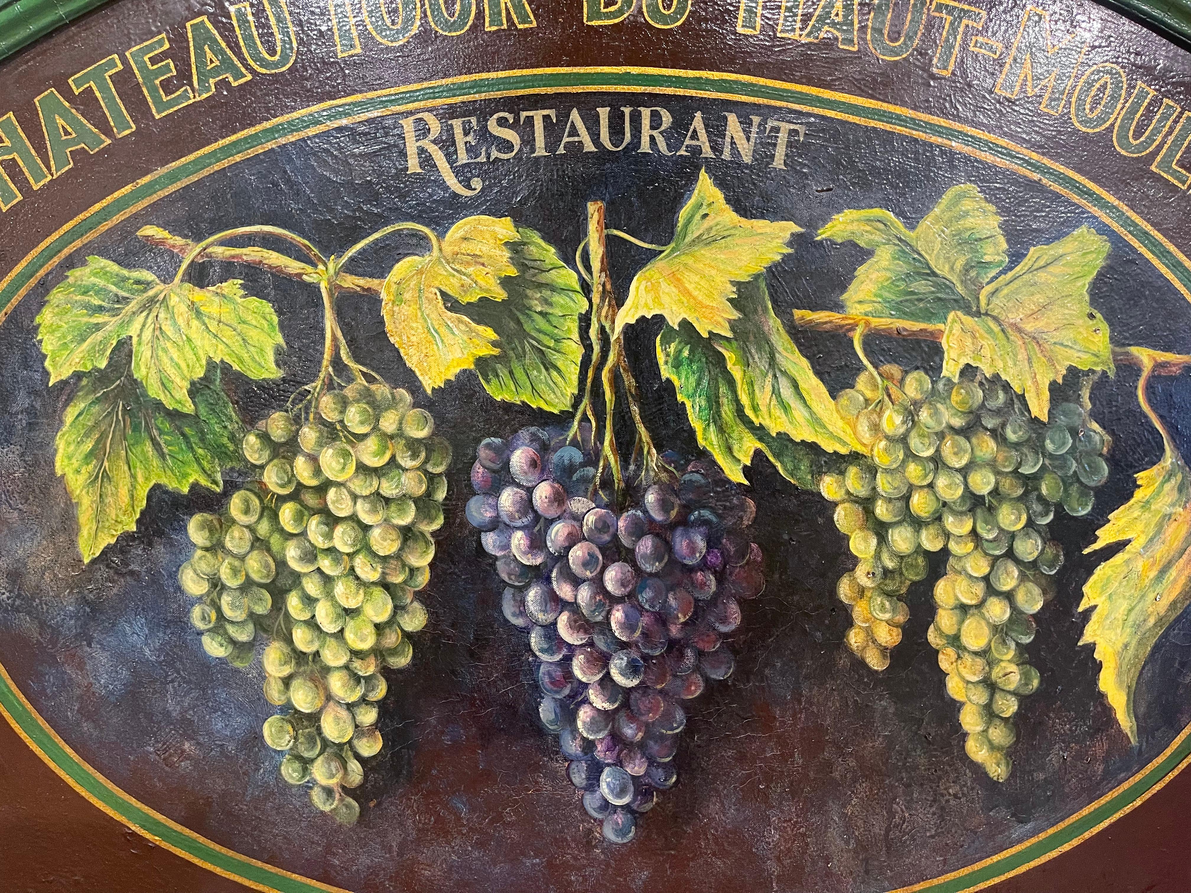 19th Century French Hand Painted Restaurant Wine Sign on Leather in Wooden Frame In Excellent Condition In Dallas, TX