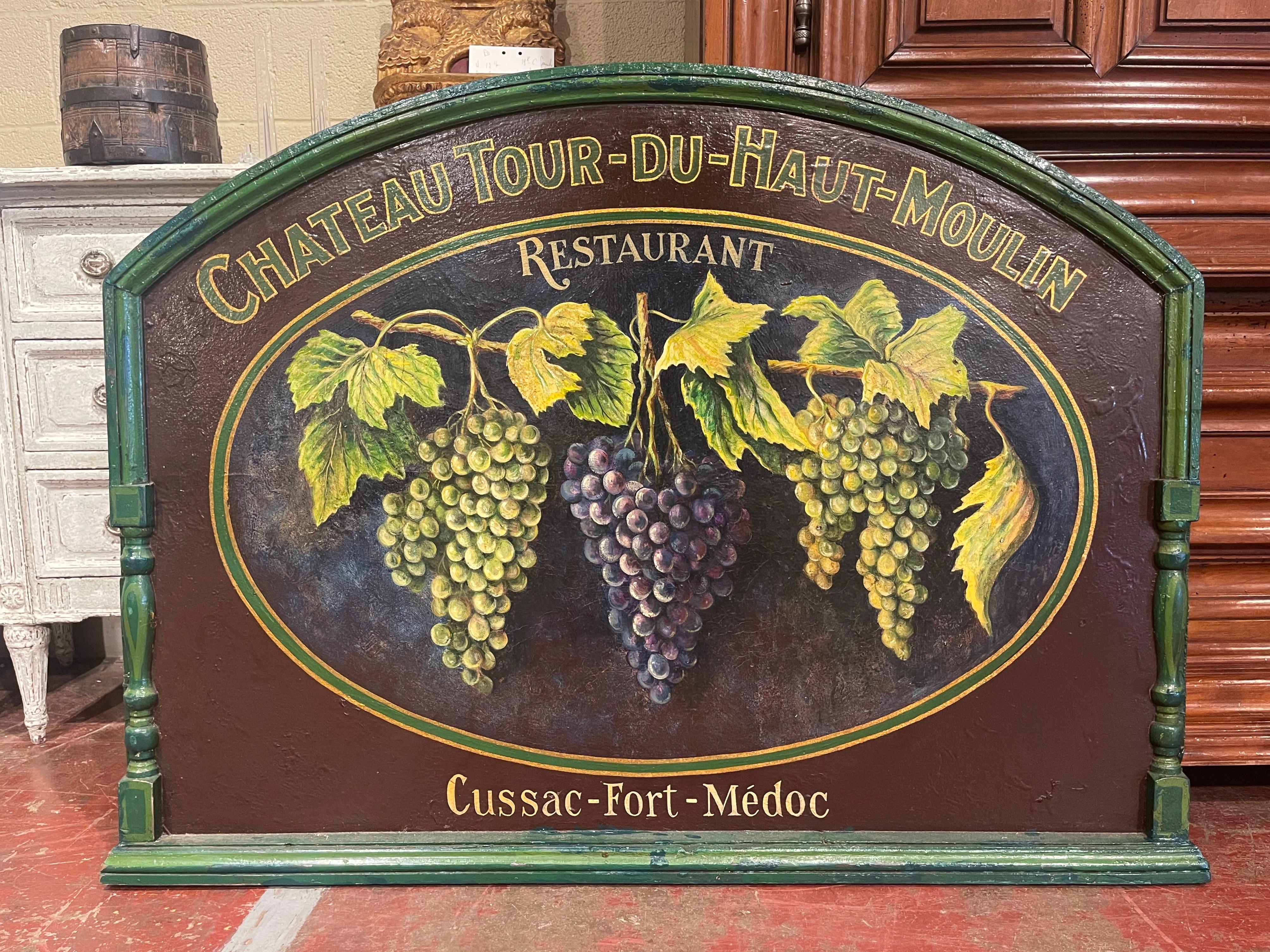 Oak 19th Century French Hand Painted Restaurant Wine Sign on Leather in Wooden Frame
