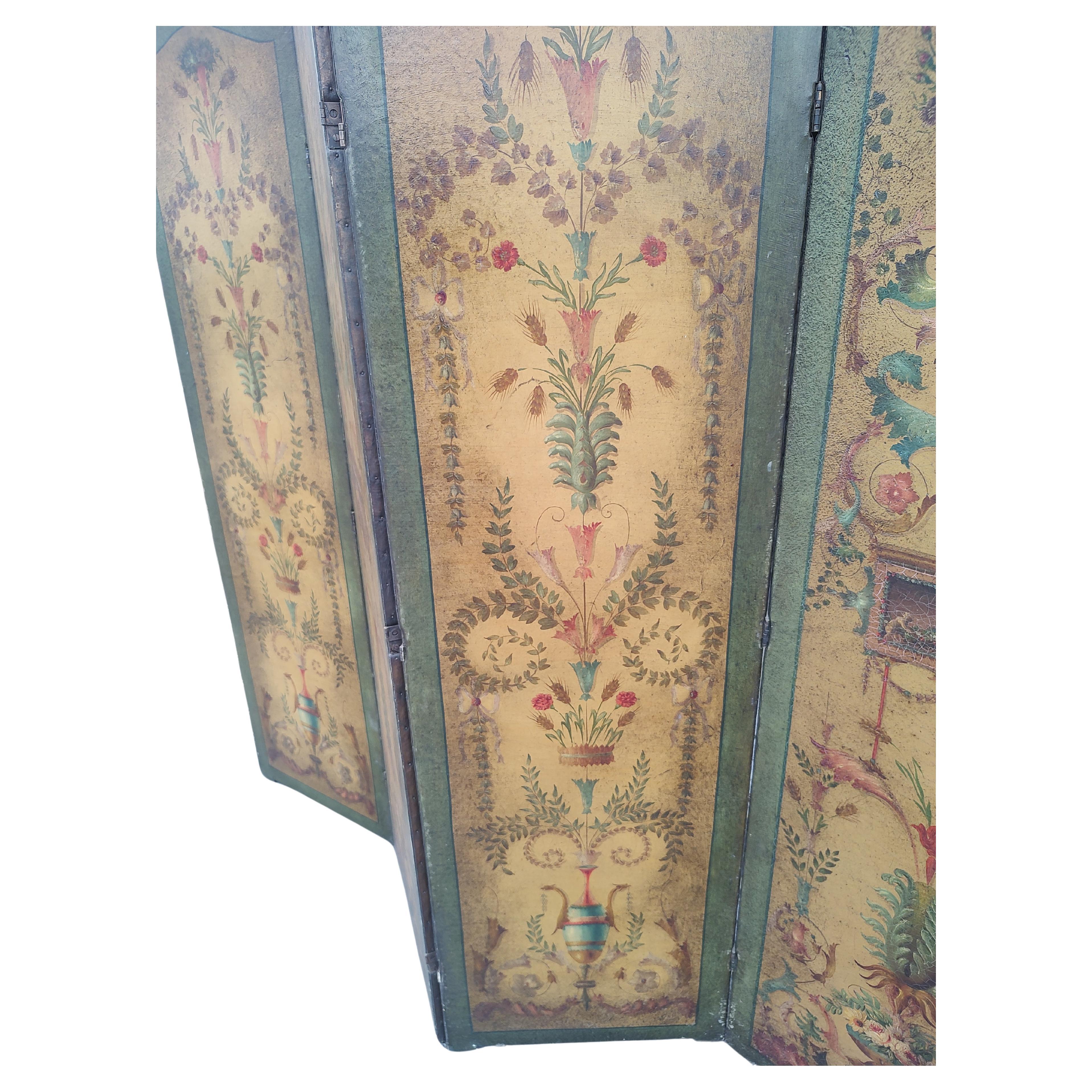 19th Century French Hand Painted Room Divider 4 Panel Leather Screen For Sale 2