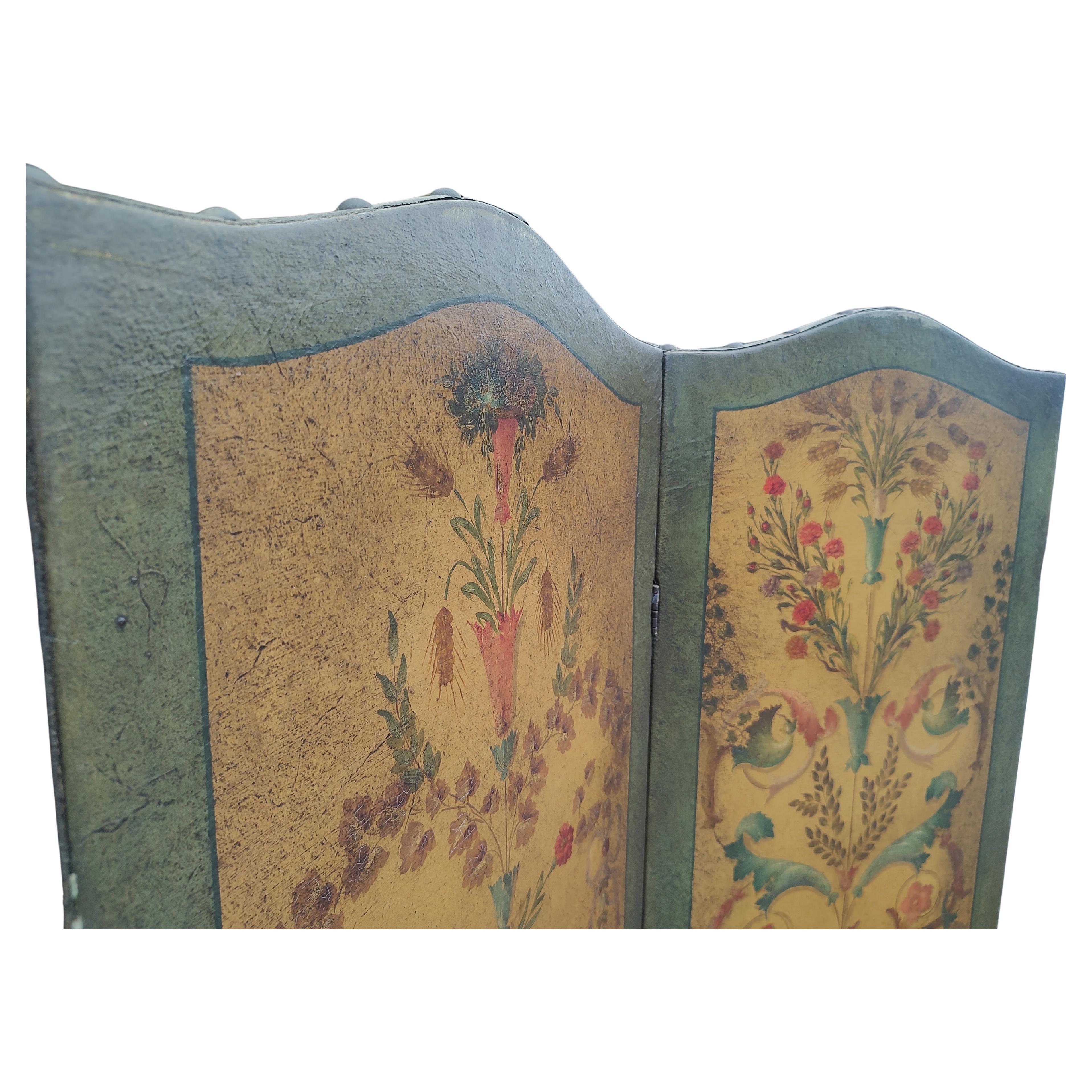19th Century French Hand Painted Room Divider 4 Panel Leather Screen For Sale 3