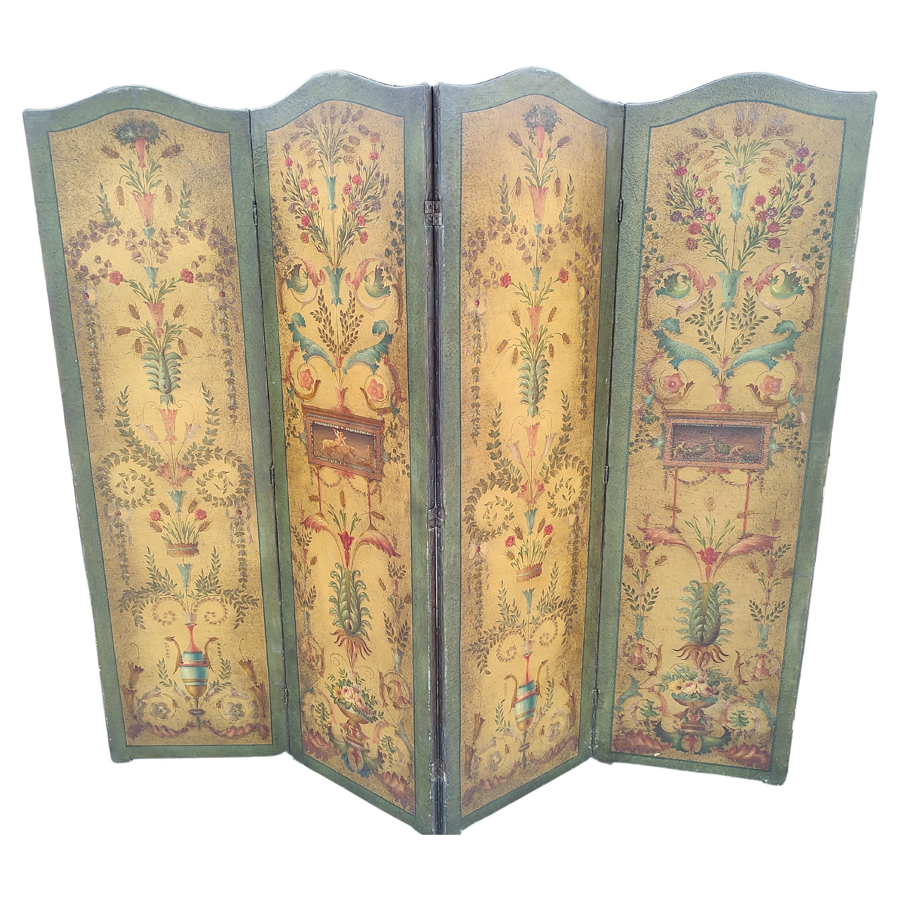 19th Century French Hand Painted Room Divider 4 Panel Leather Screen For Sale 5
