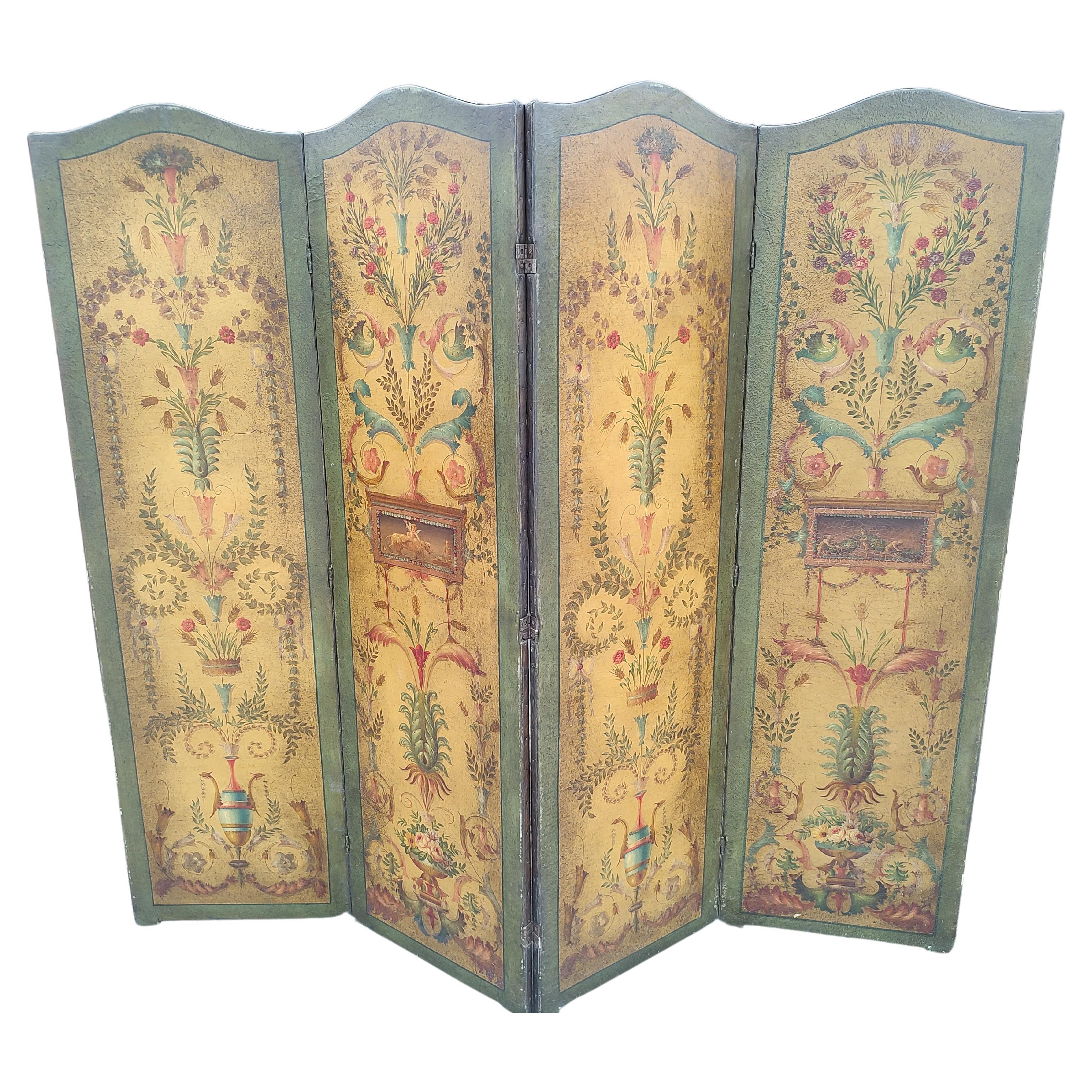 19th Century French Hand Painted Room Divider 4 Panel Leather Screen For Sale 4
