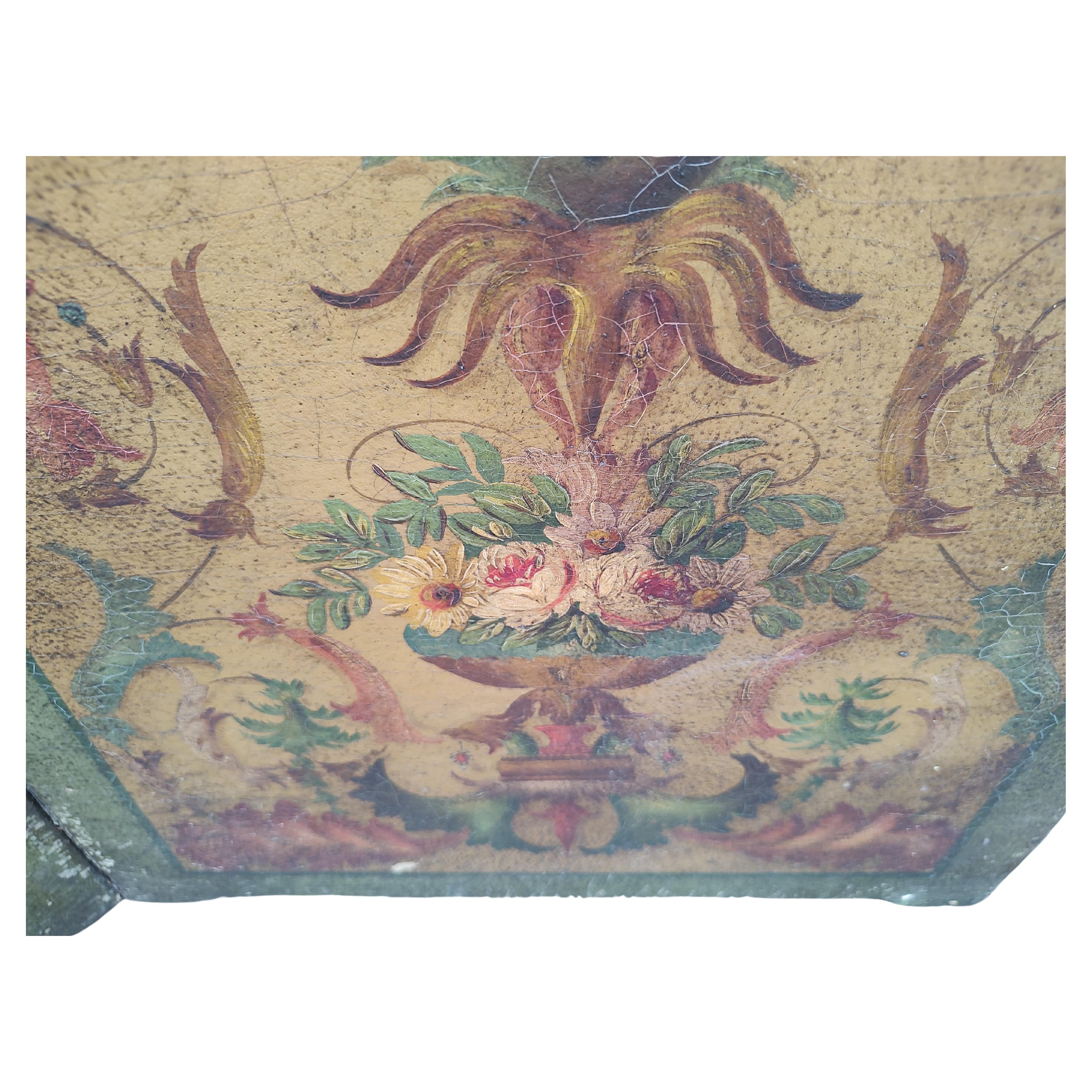 Fantastic leather four panel room divider hand painted and hand crafted screen from the latter part of the 19th century France. Hand painted cherubs with floral accents in outstanding colors with detailed craftsmanship. One back panel was replaced