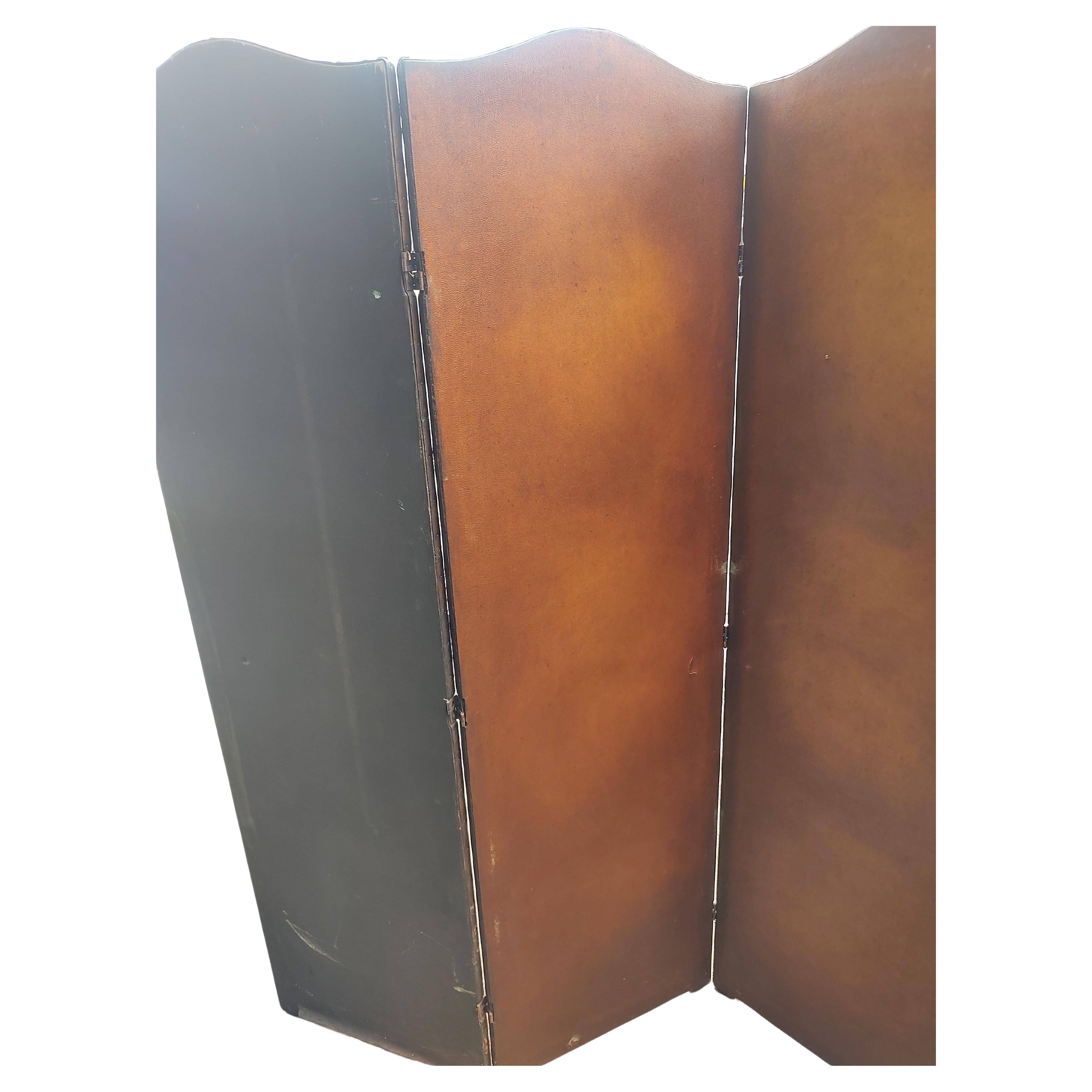 19th Century French Hand Painted Room Divider 4 Panel Leather Screen In Good Condition For Sale In Port Jervis, NY