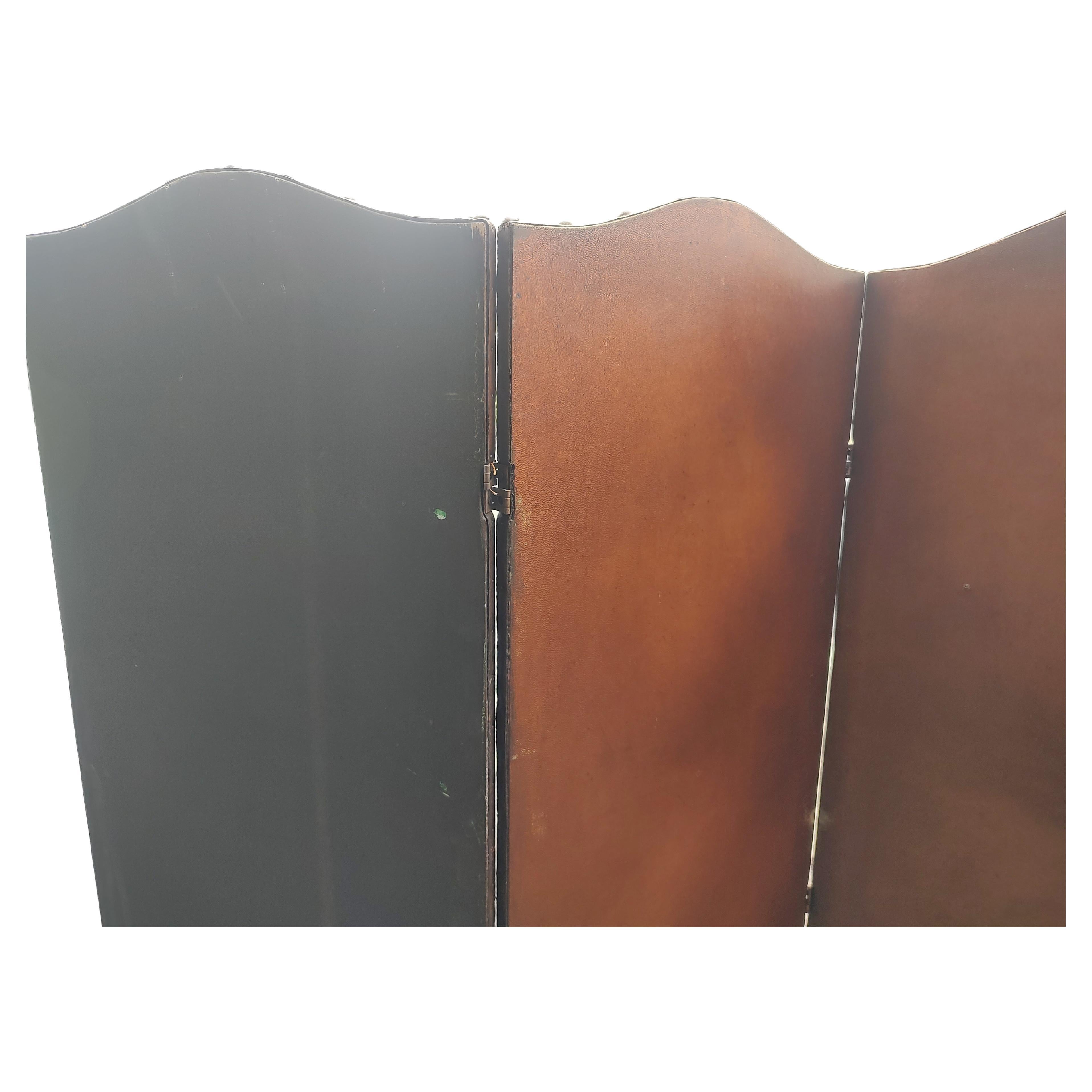 Late 19th Century 19th Century French Hand Painted Room Divider 4 Panel Leather Screen For Sale