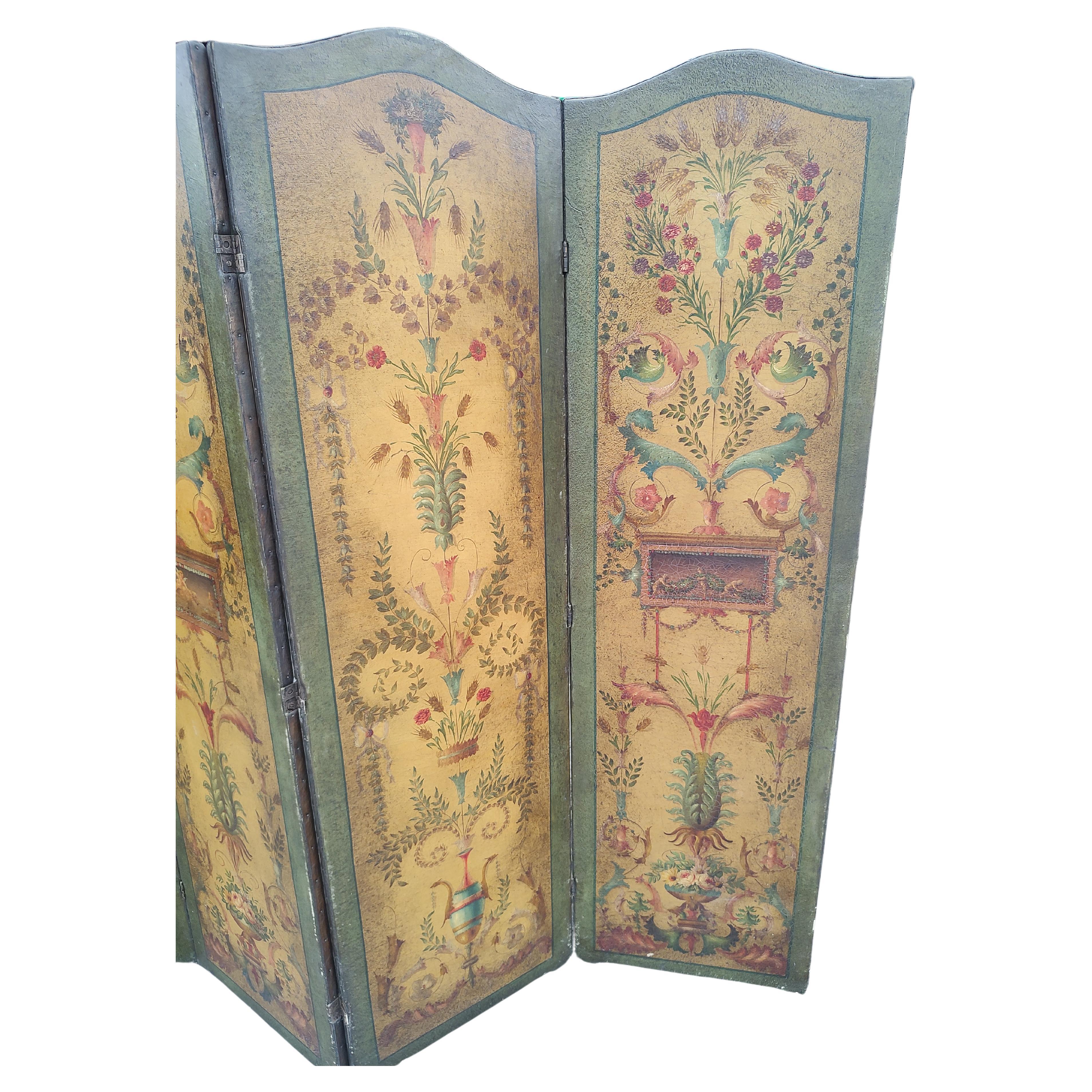 19th Century French Hand Painted Room Divider 4 Panel Leather Screen For Sale 1
