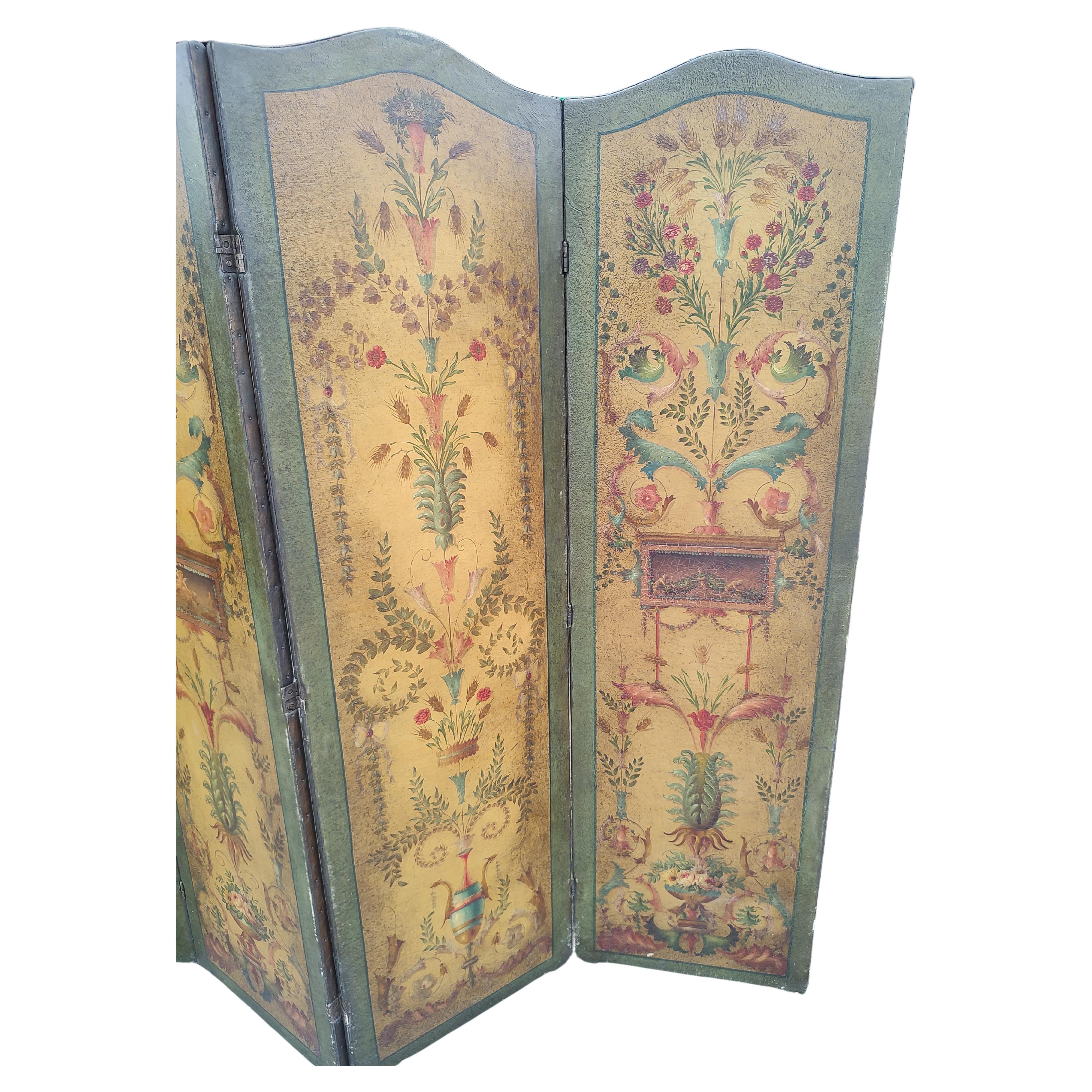 Brass 19th Century French Hand Painted Room Divider 4 Panel Leather Screen For Sale