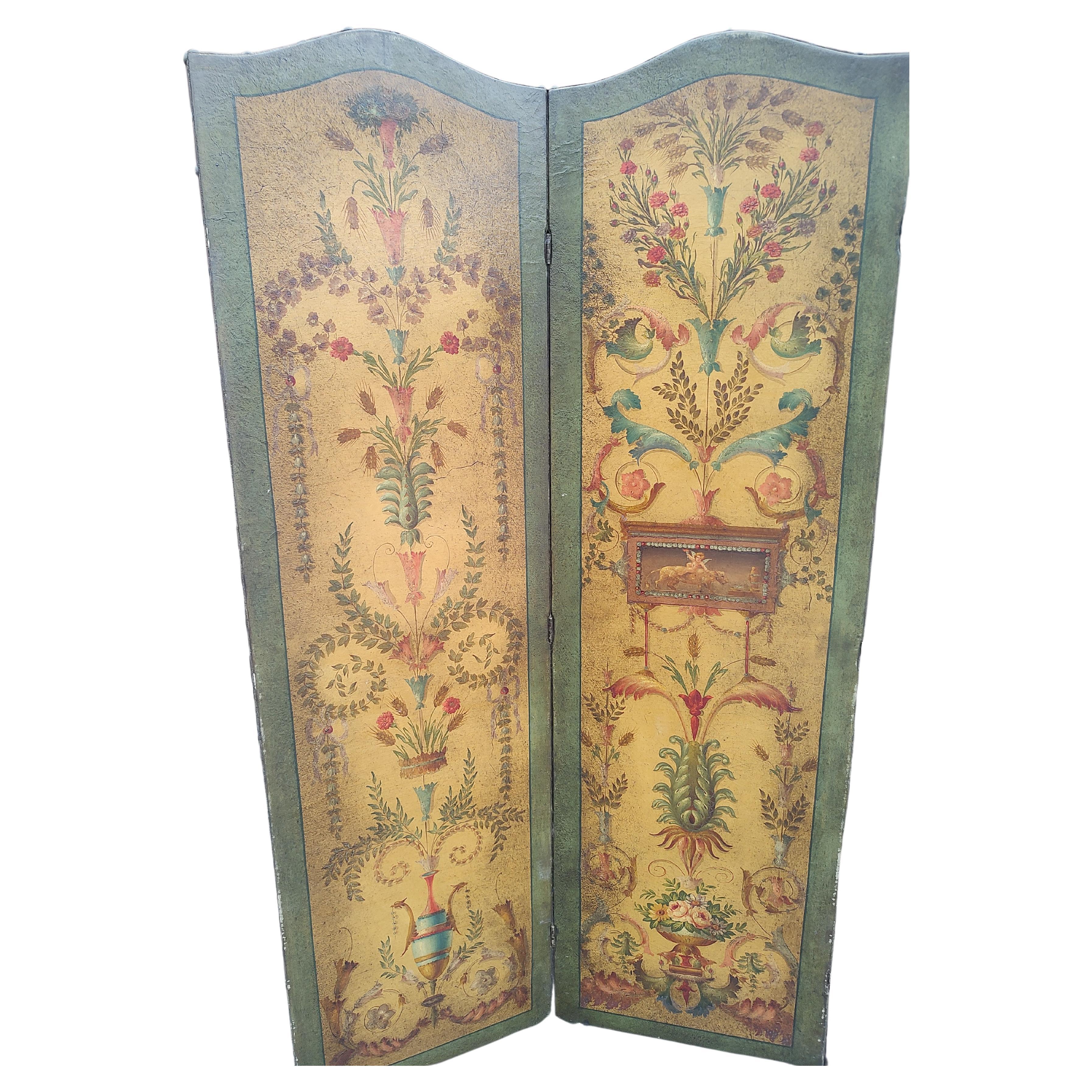 19th Century French Hand Painted Room Divider 4 Panel Leather Screen For Sale 1
