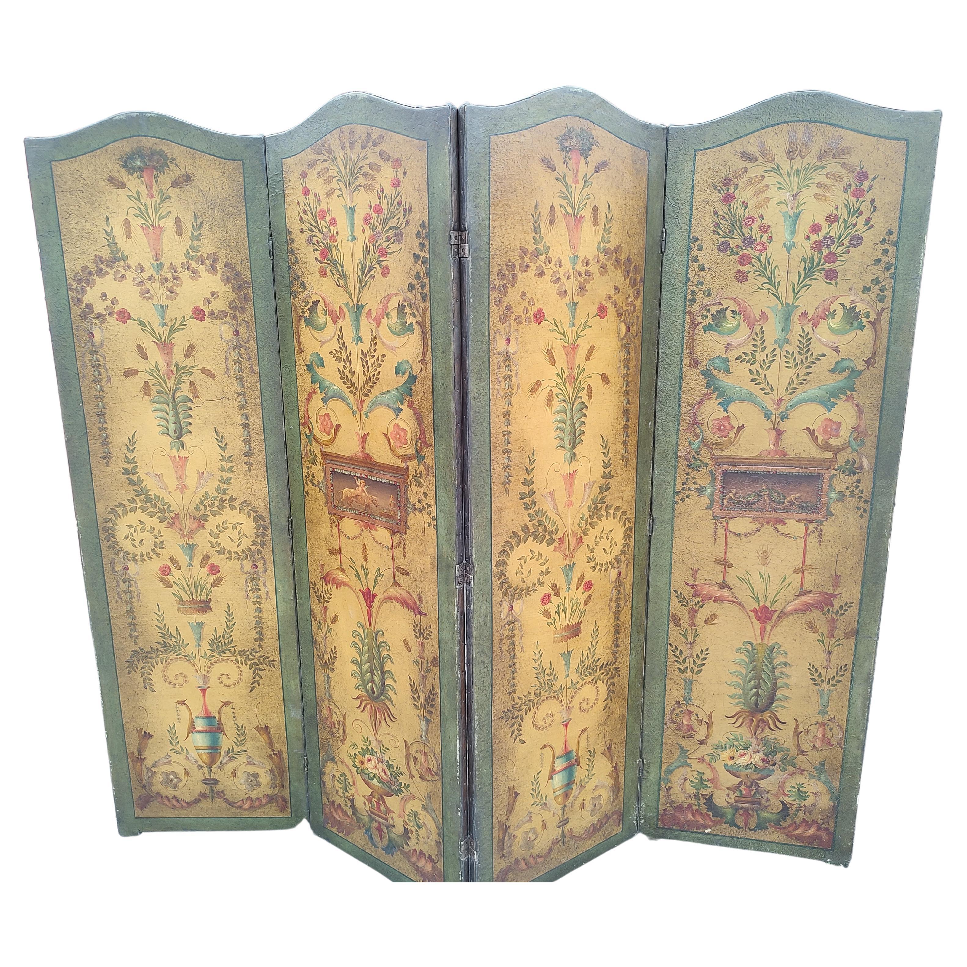 Französischer handbemalter Raumteiler aus Leder mit 4 Tafeln und Lederschirm aus dem 19. Jahrhundert