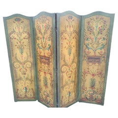 19th Century French Hand Painted Room Divider 4 Panel Leather Screen