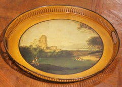 19th Century French Hand-Painted Round Tole Tray with Romantic Landscape Scene