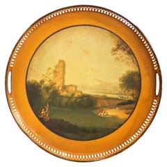 19th Century French Hand-Painted Round Tole Tray with Romantic Landscape Scene