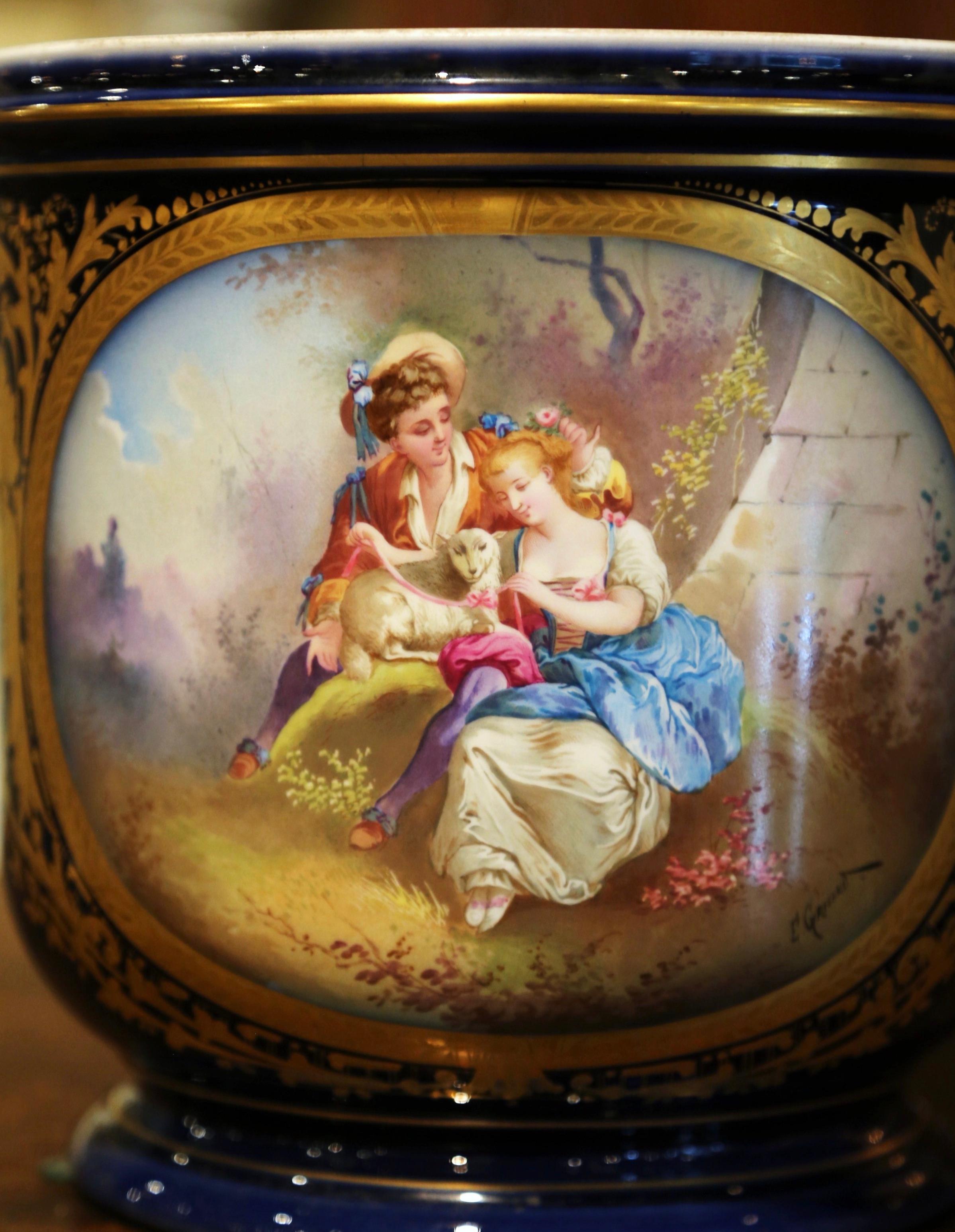 Hand-Painted 19th Century French Hand Painted Sevres Porcelain Cache Pot Signed E. Grisard
