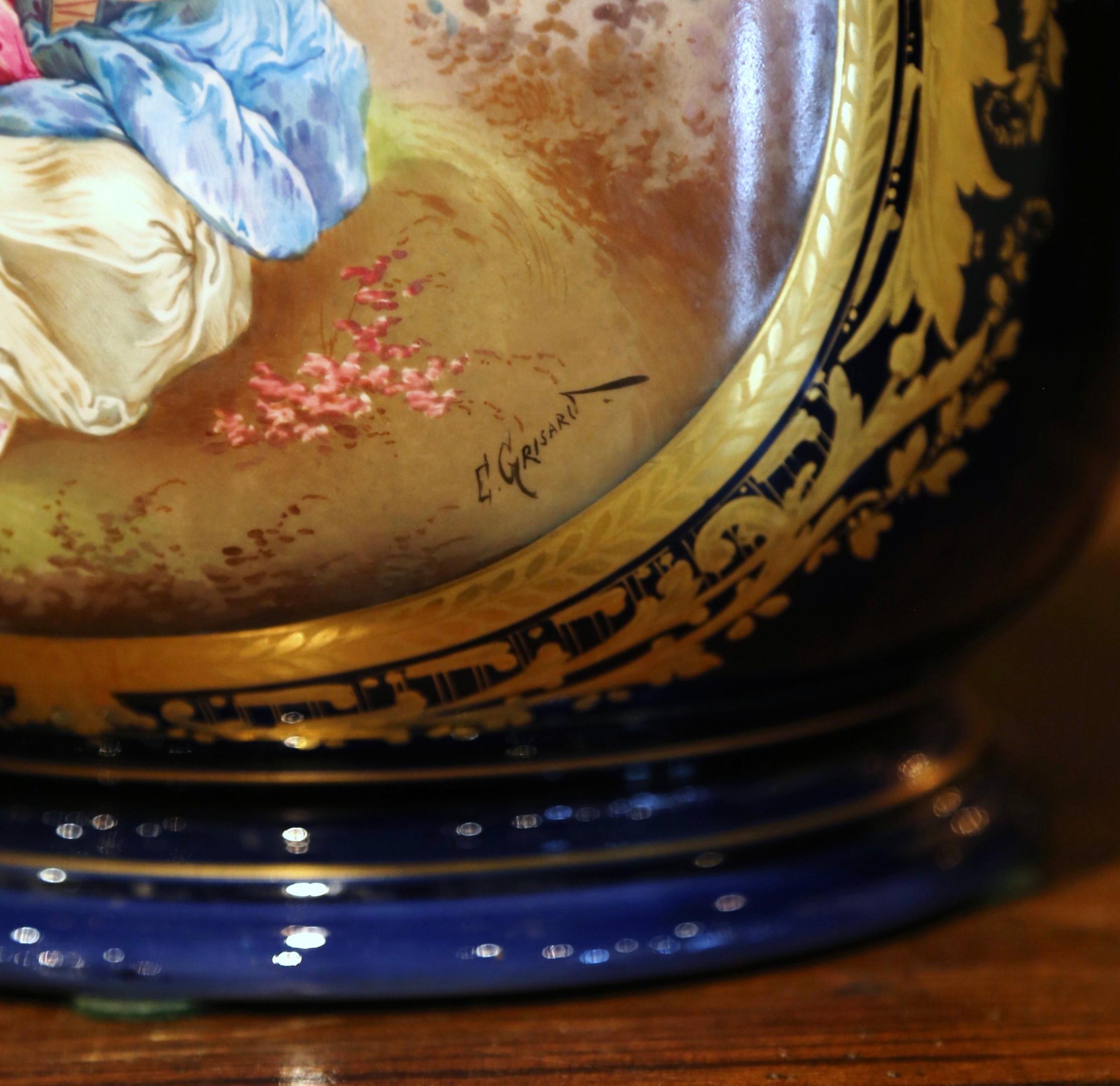 19th Century French Hand Painted Sevres Porcelain Cache Pot Signed E. Grisard In Excellent Condition In Dallas, TX
