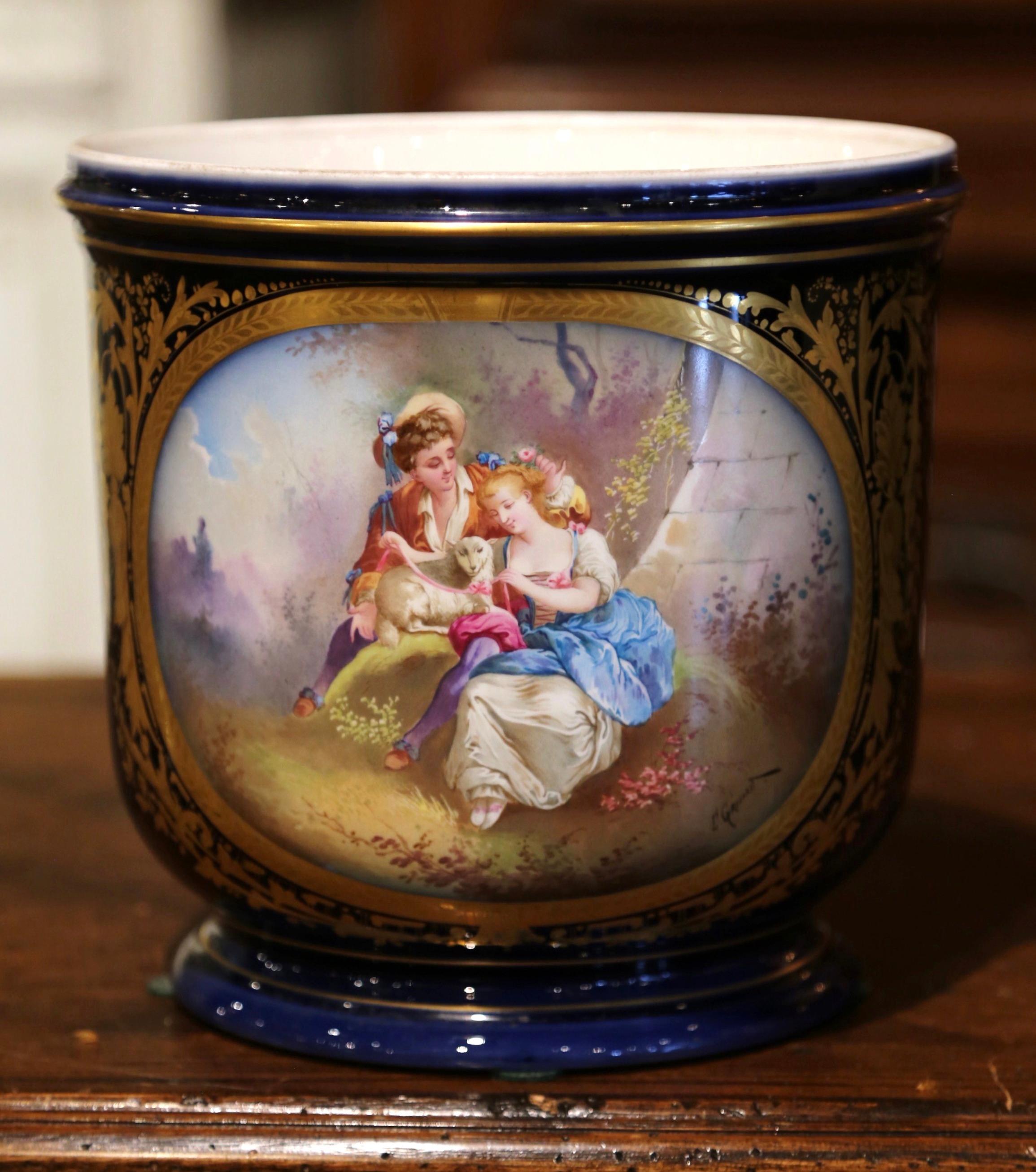19th Century French Hand Painted Sevres Porcelain Cache Pot Signed E. Grisard 1