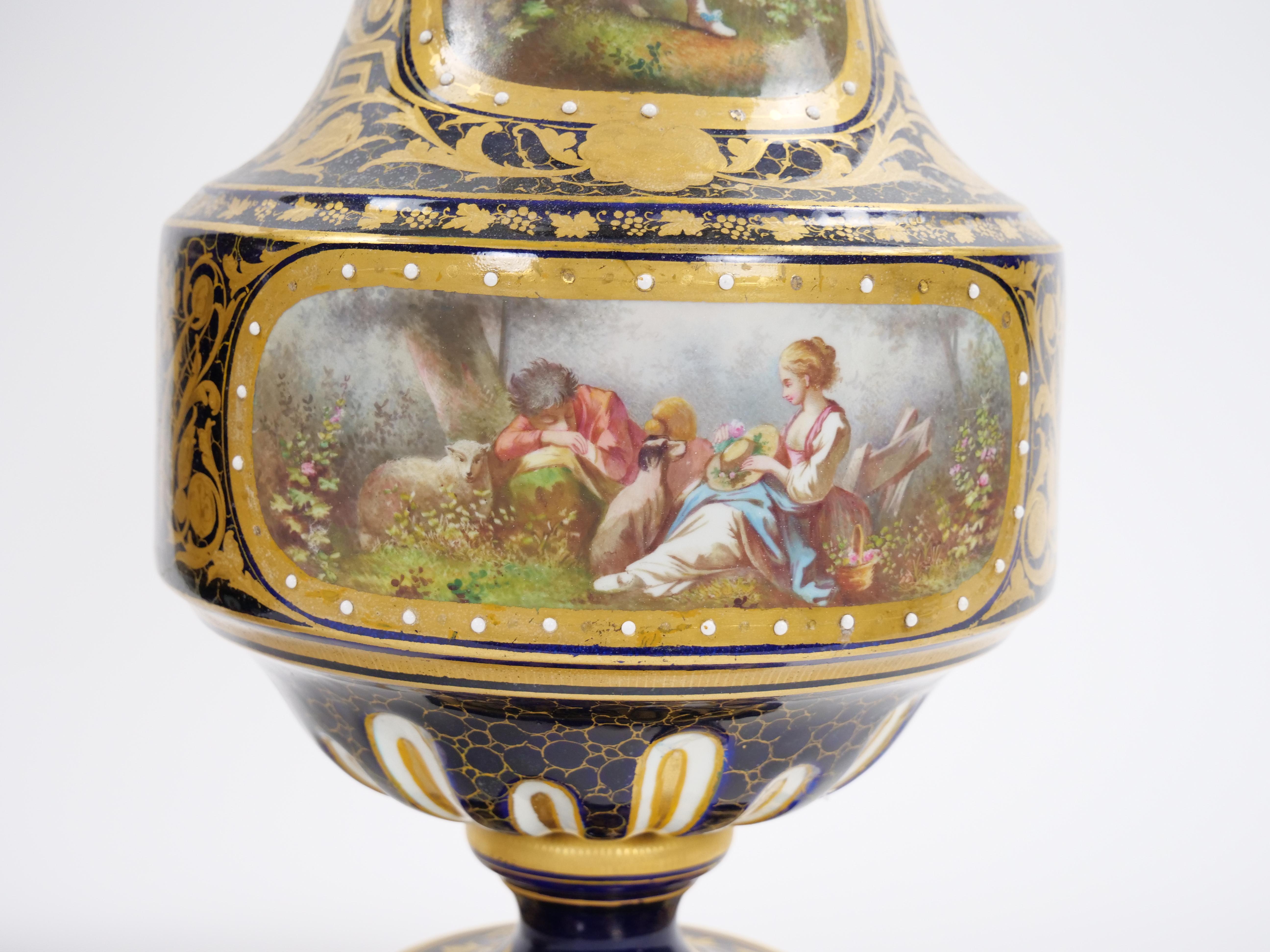 19th Century French Hand Painted Sevres Porcelain Pair Louis XV Style Vase For Sale 6
