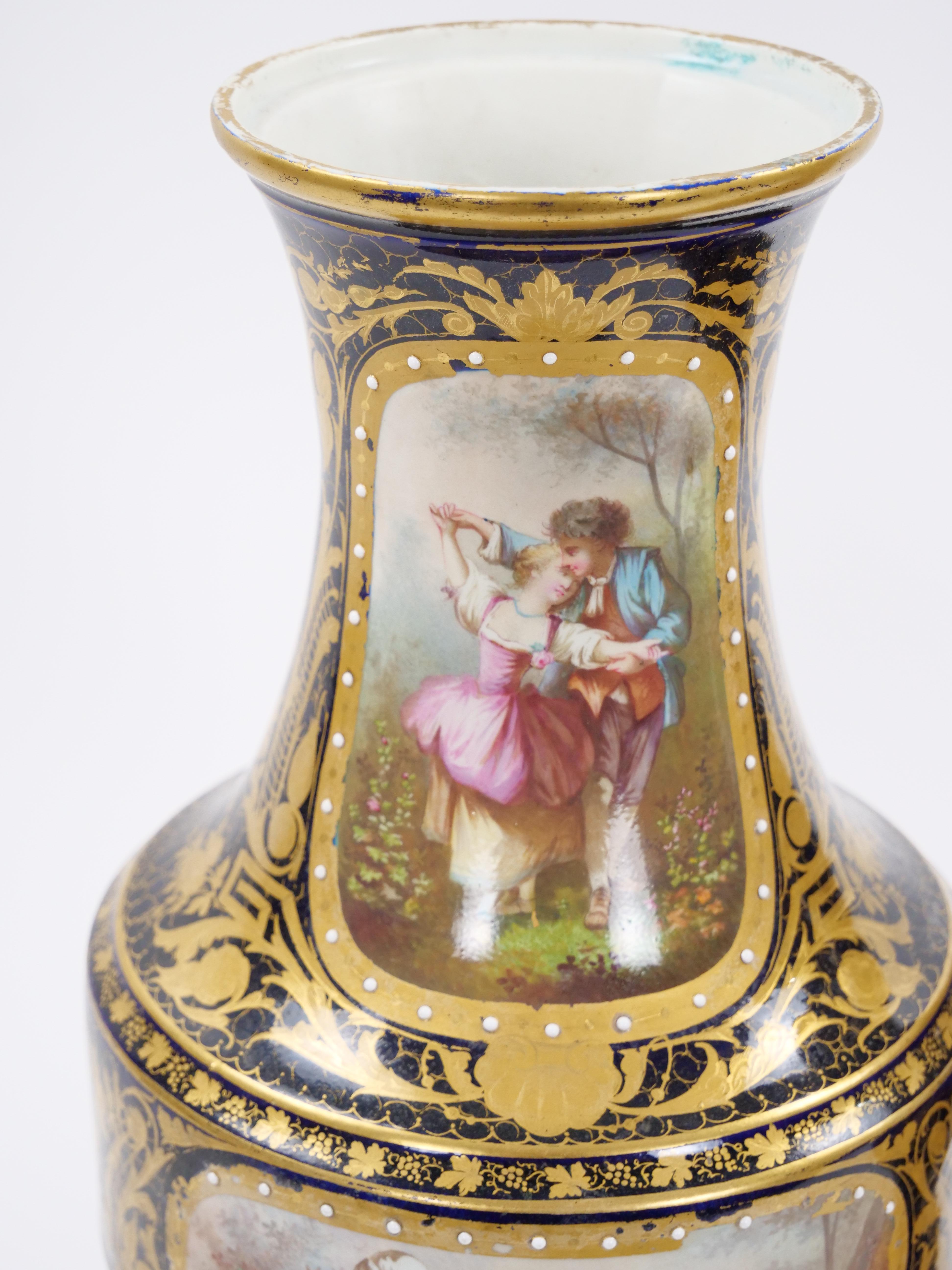 19th Century French Hand Painted Sevres Porcelain Pair Louis XV Style Vase For Sale 7