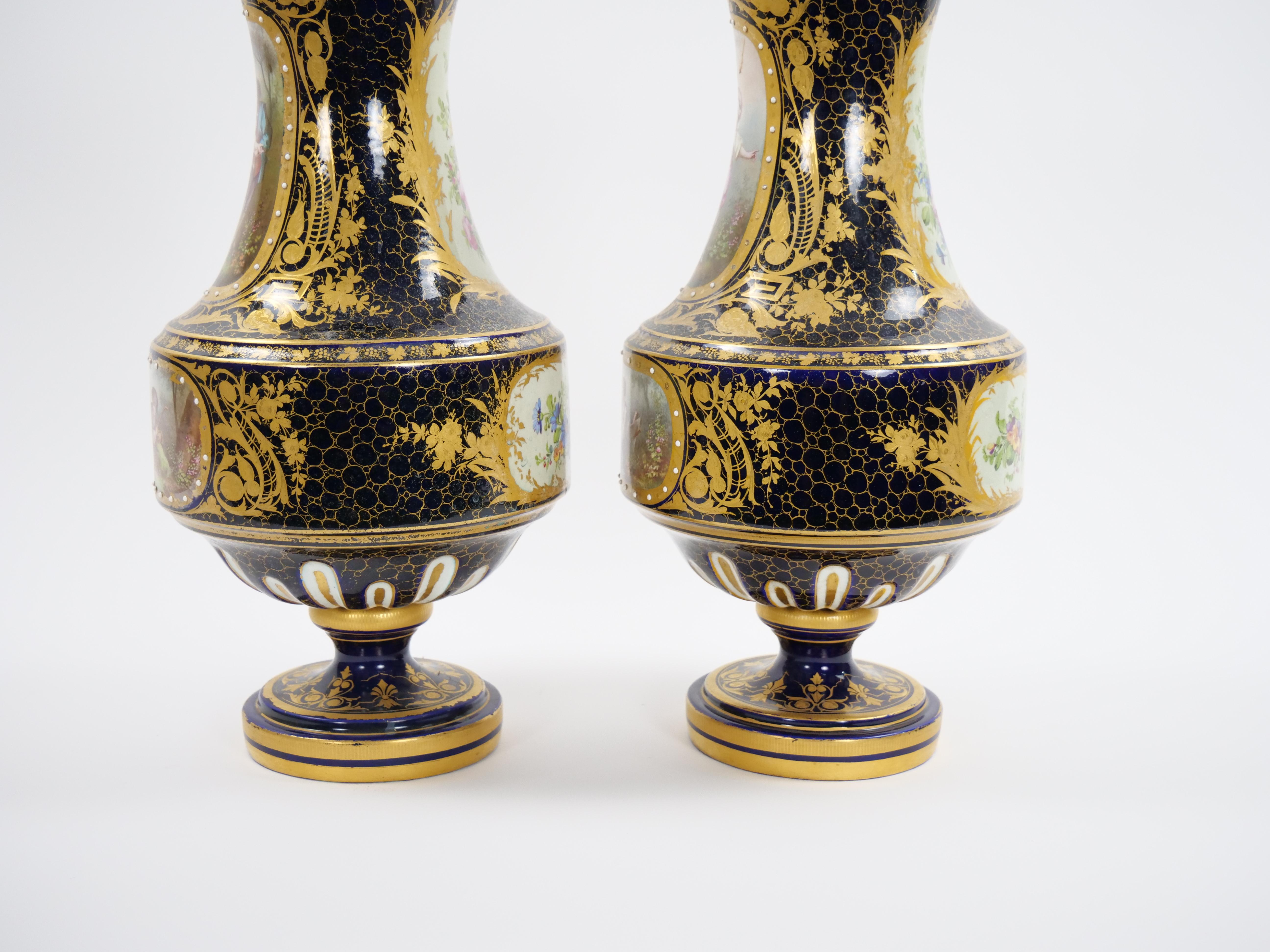 19th Century French Hand Painted Sevres Porcelain Pair Louis XV Style Vase For Sale 9