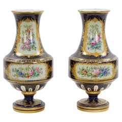 19th Century French Hand Painted Sevres Porcelain Pair Louis XV Style Vase