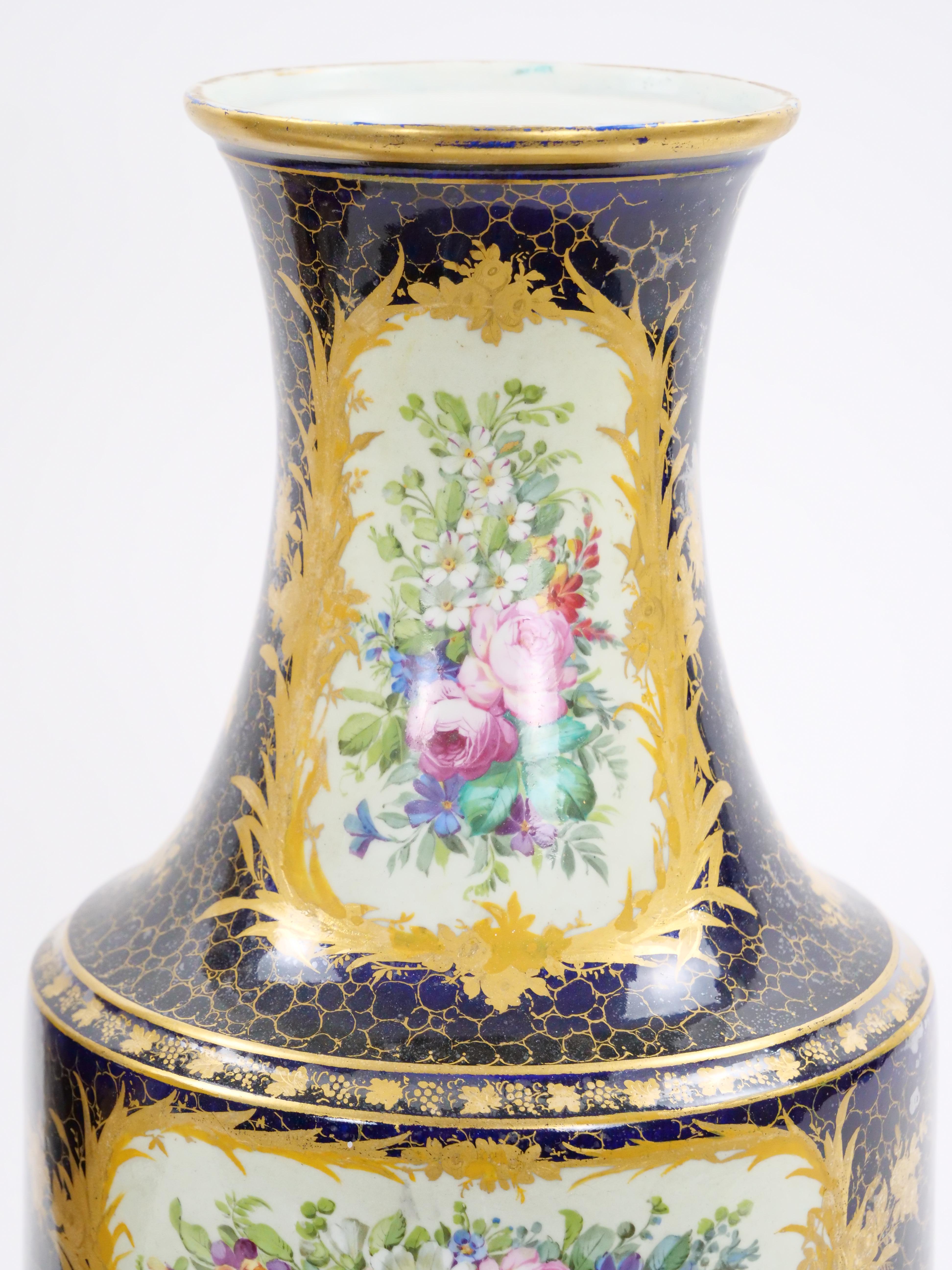 19th Century French Hand Painted Sevres Porcelain Pair Louis XV Style Vase For Sale 1