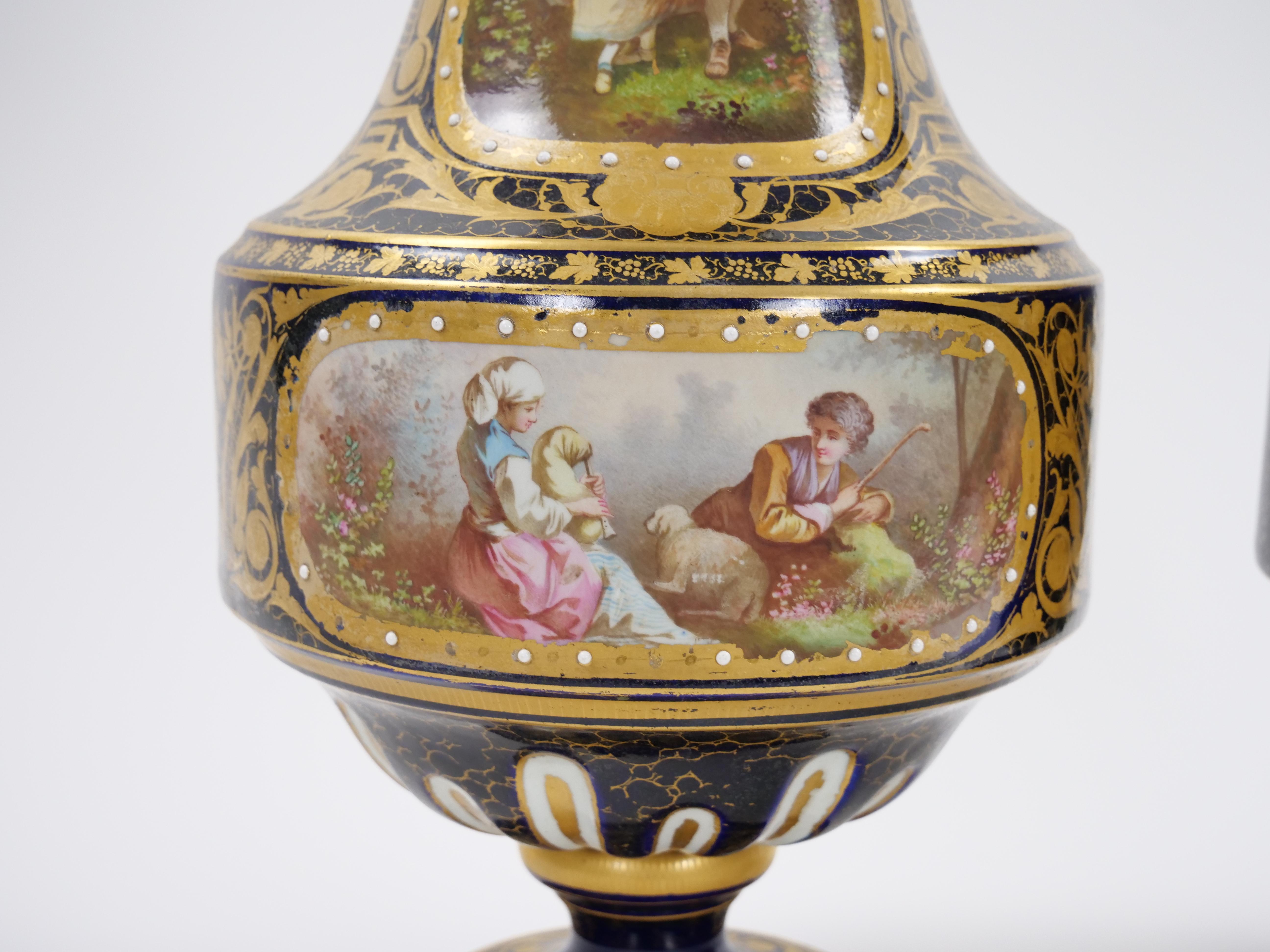 19th Century French Hand Painted Sevres Porcelain Pair Louis XV Style Vase For Sale 5