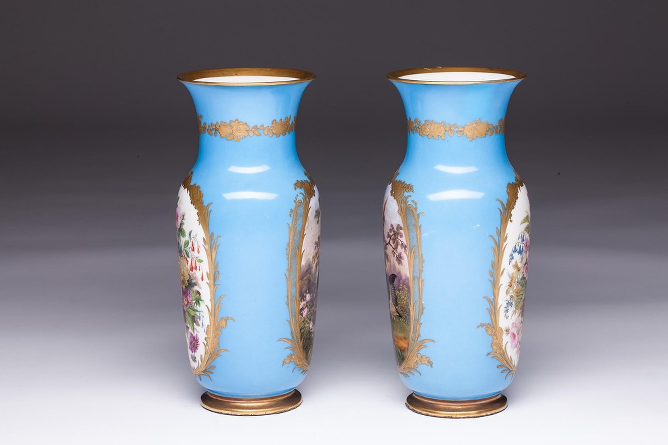 Hand-Painted 19th Century French Hand Painted Sevres Style Porcelain Vases For Sale