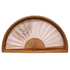 19th Century French Hand-Painted Silk Fan with Carved Wood Sticks in Frame