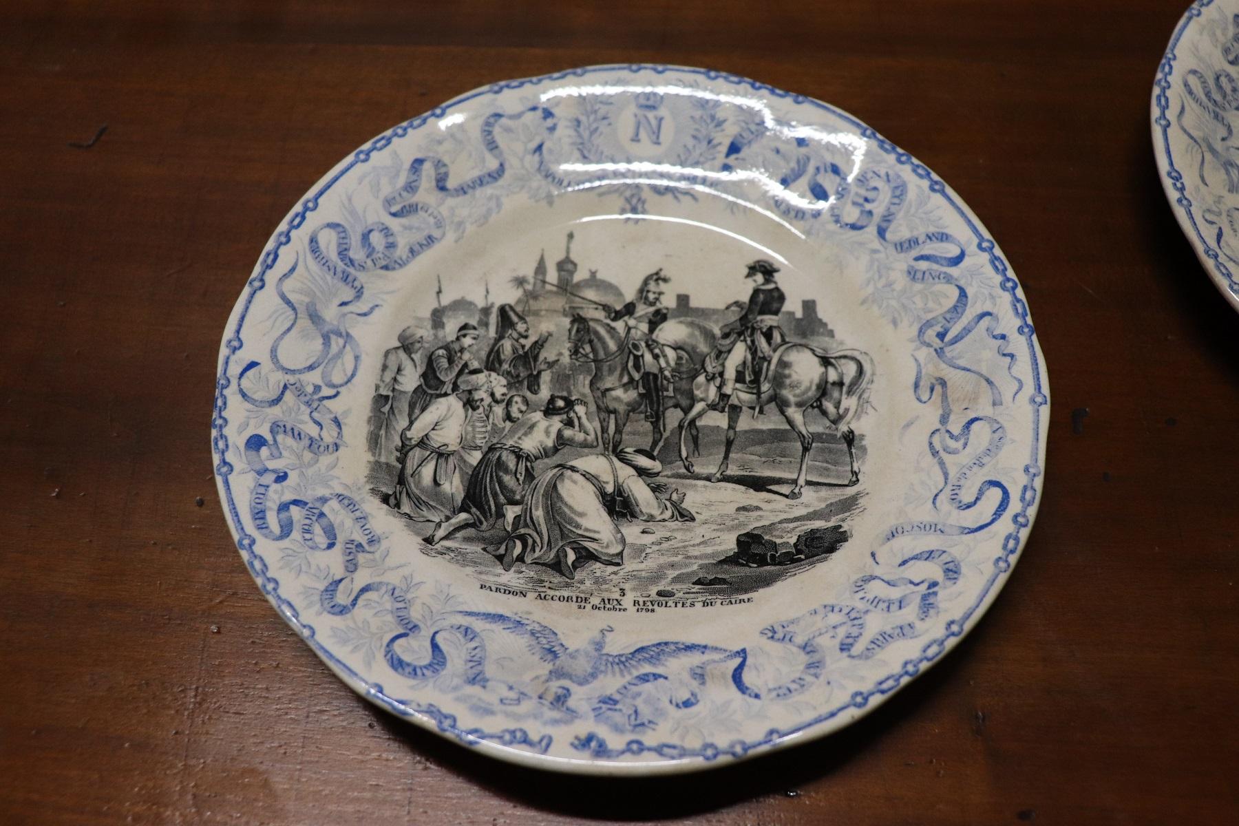 Refined 19th century French hand painted ceramic plates, set of six. Paintings with excellent pictorial quality decorated with the stories of Napoleon. Rare Collector's items.