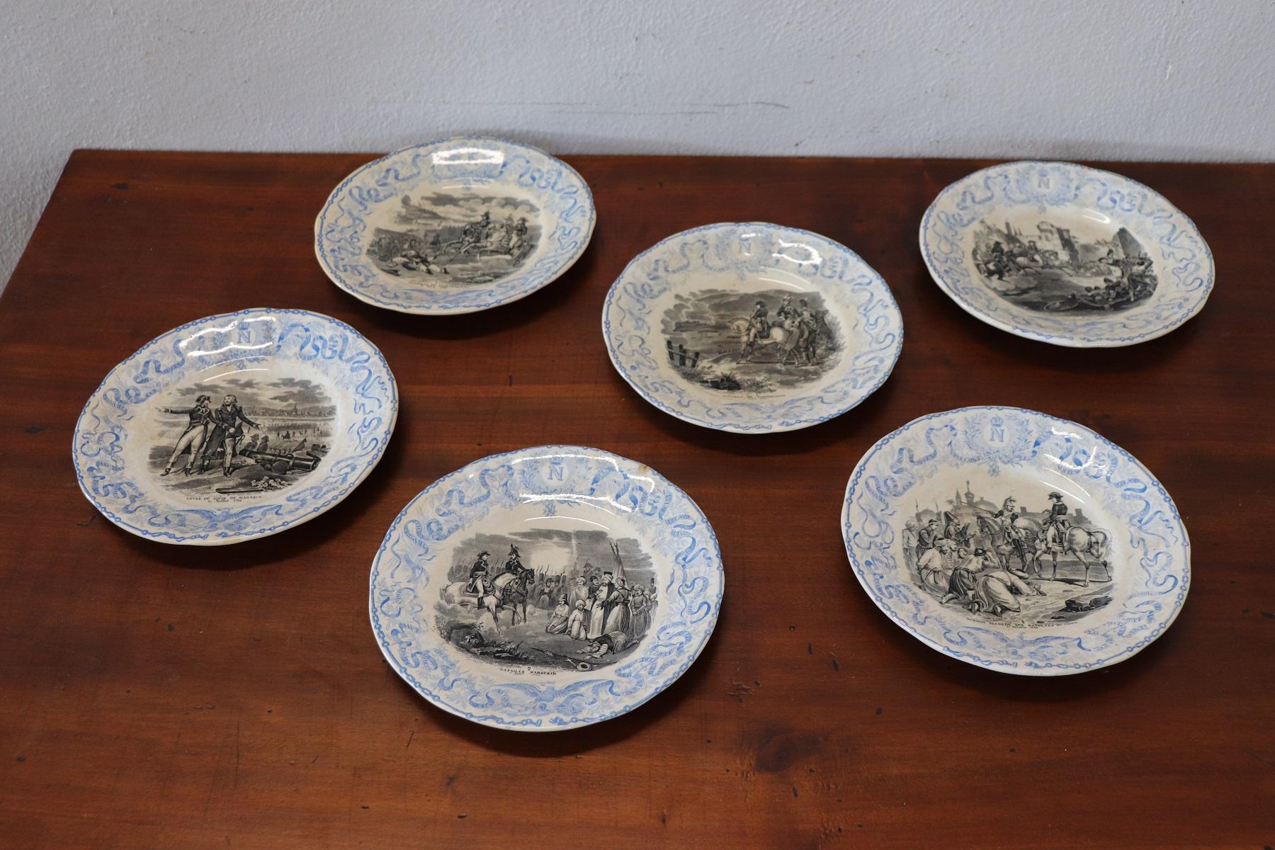 19th Century French Hand Painted Six Ceramic Plates with the Stories of Napoleon In Good Condition In Casale Monferrato, IT