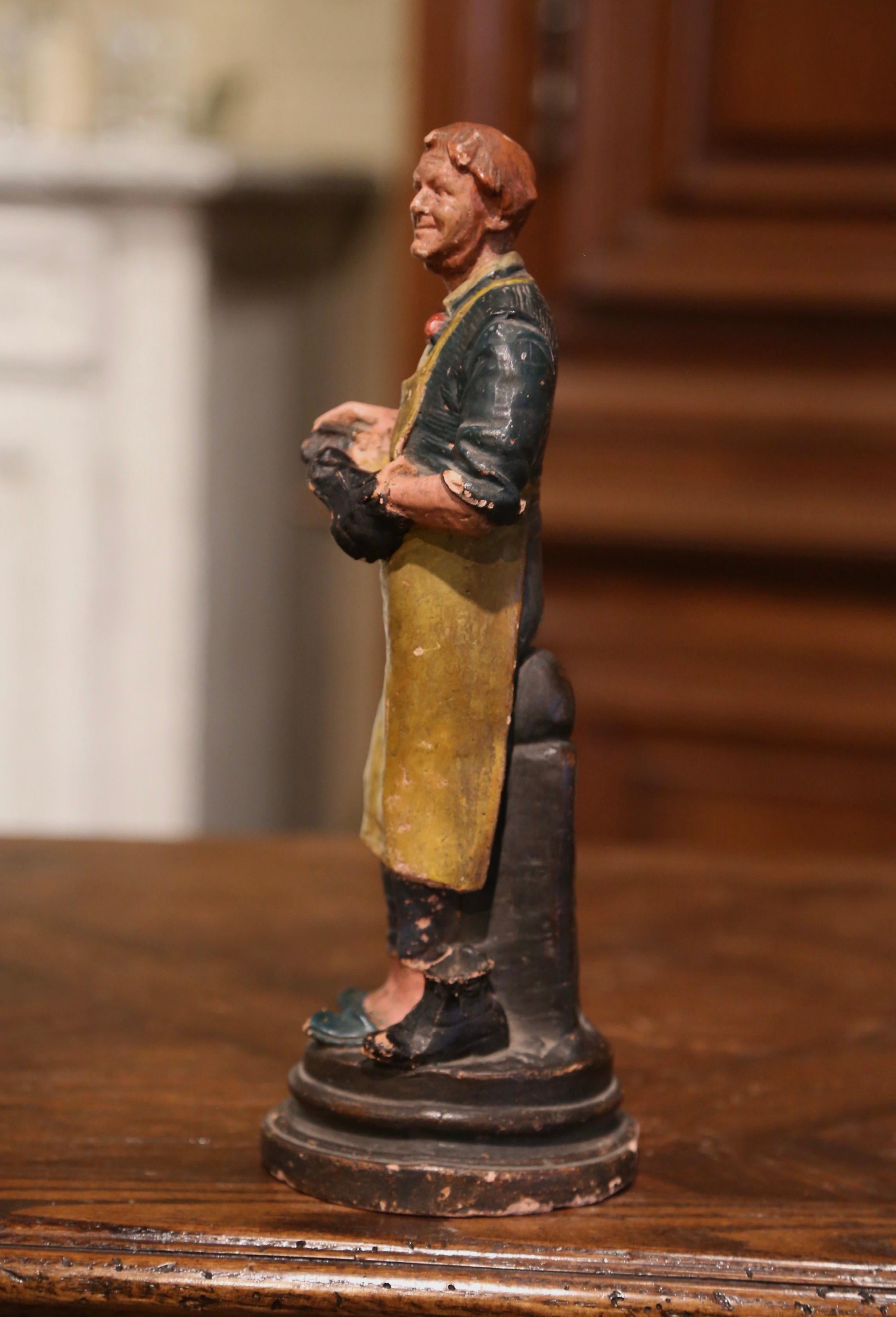 Hand-Painted 19th Century French Hand Painted Terracotta Shoe Maker Figurine For Sale