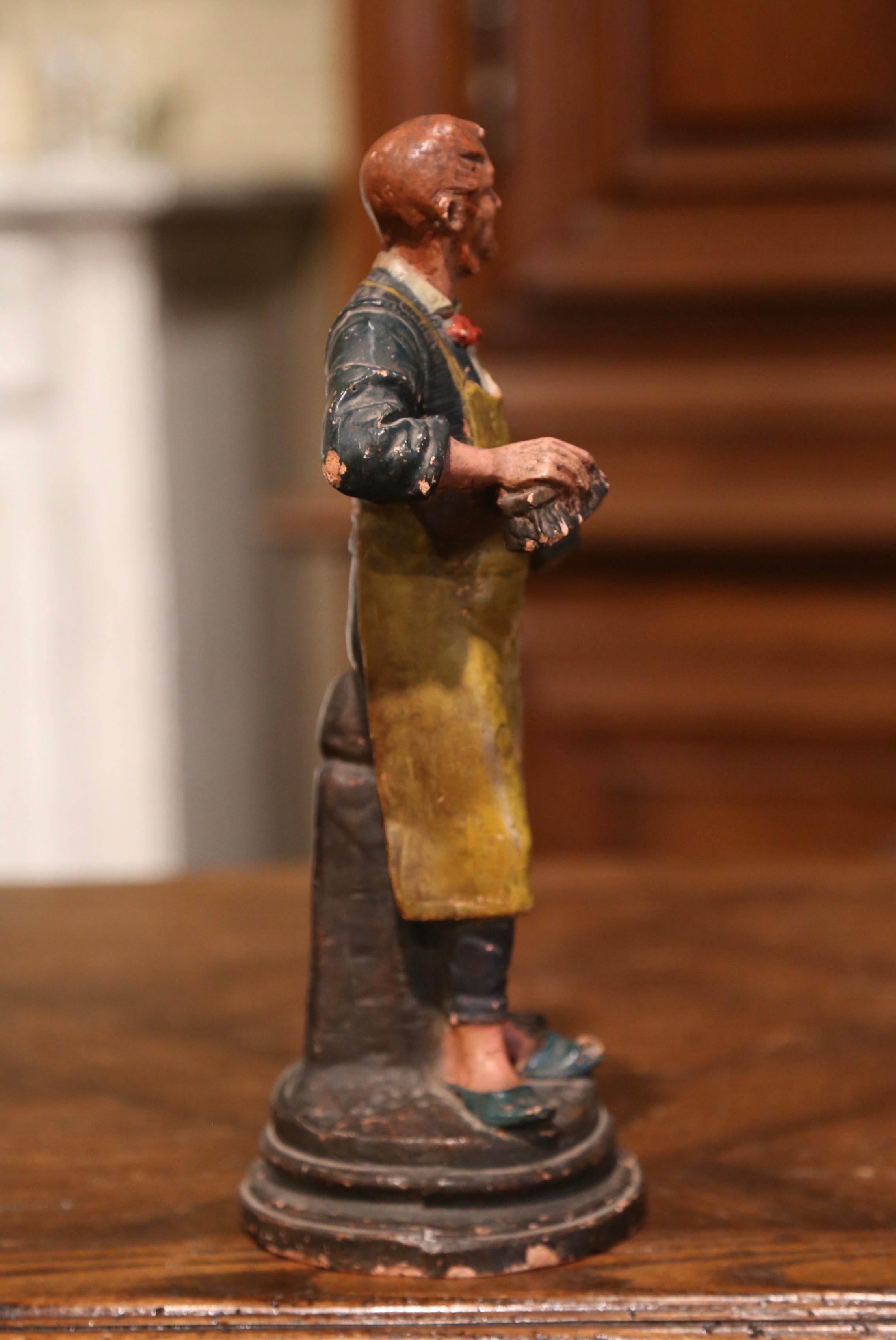 19th Century French Hand Painted Terracotta Shoe Maker Figurine In Good Condition For Sale In Dallas, TX