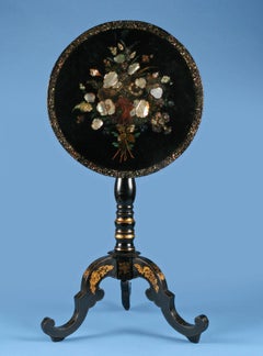 19th Century French Hand Painted Tilt-Top Table Inlaid Mother of Pearl