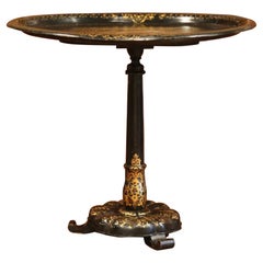 19th Century French Hand Painted Tole Tray Side Table with Gilt Pedestal Base