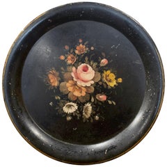 plateau en tôle peinte à la main du 19ème siècle avec motifs floraux