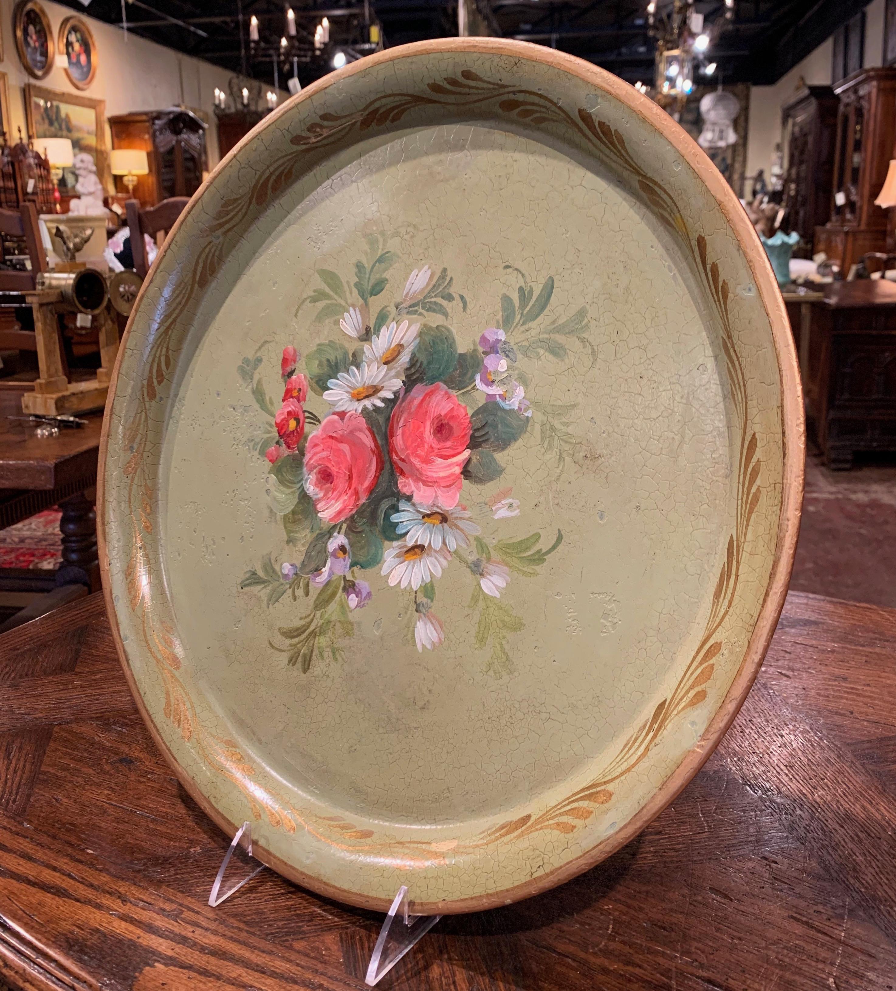Hand-Painted 19th Century French Hand Painted Tole Tray with Flowers and Foliage
