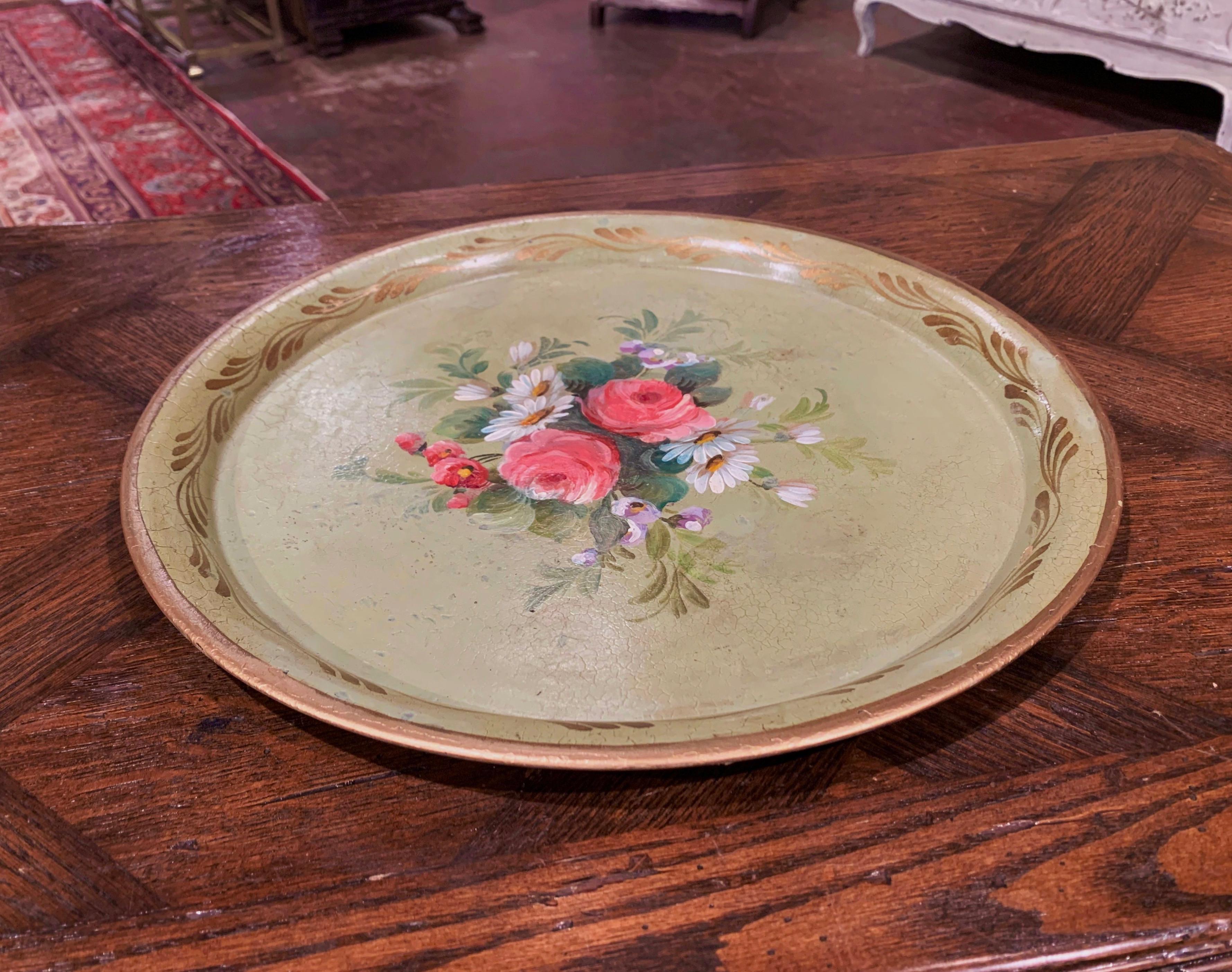 19th Century French Hand Painted Tole Tray with Flowers and Foliage In Excellent Condition In Dallas, TX