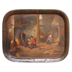 Vassoio in talpa francese del XIX secolo dipinto a mano con scena interna di taverna