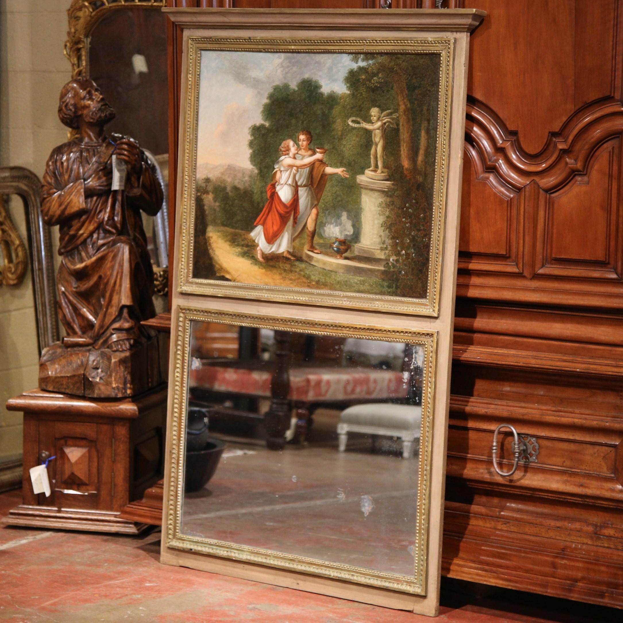This elegant, antique Trumeau was crafted in Northern France, circa 1870. The long, rectangular mirror is topped with a square, hand painted canvas depicting a mythological scene; the composition shows two people dressed in classical garments in a