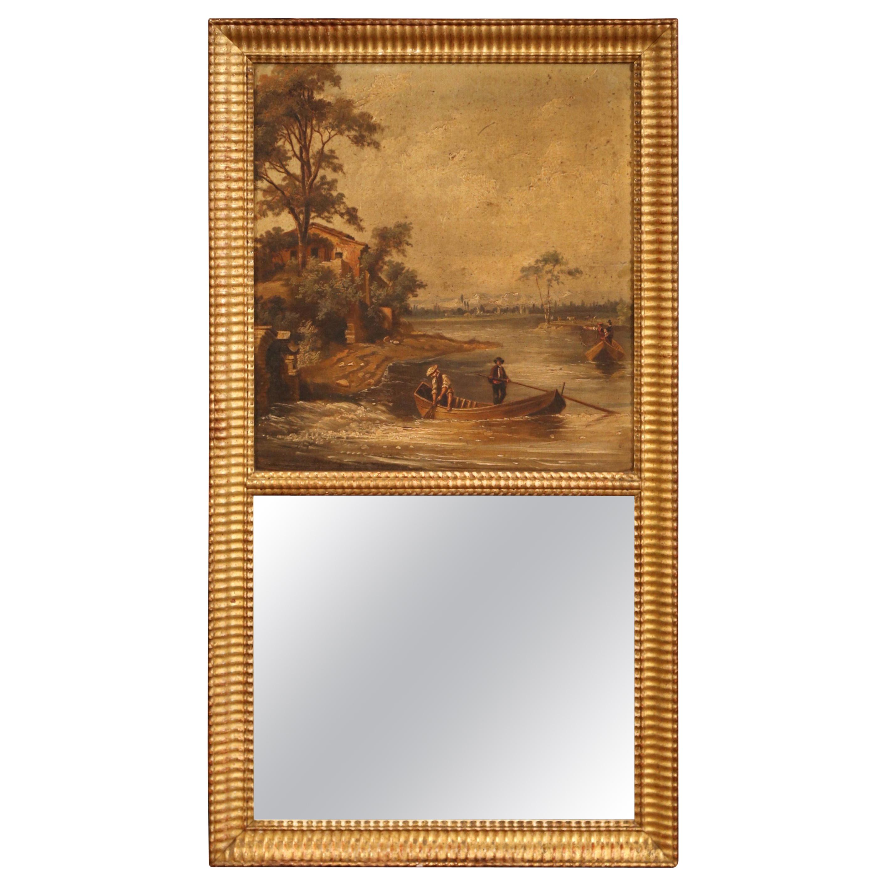 19th Century French Hand Painted Trumeau Mirror in Giltwood Frame