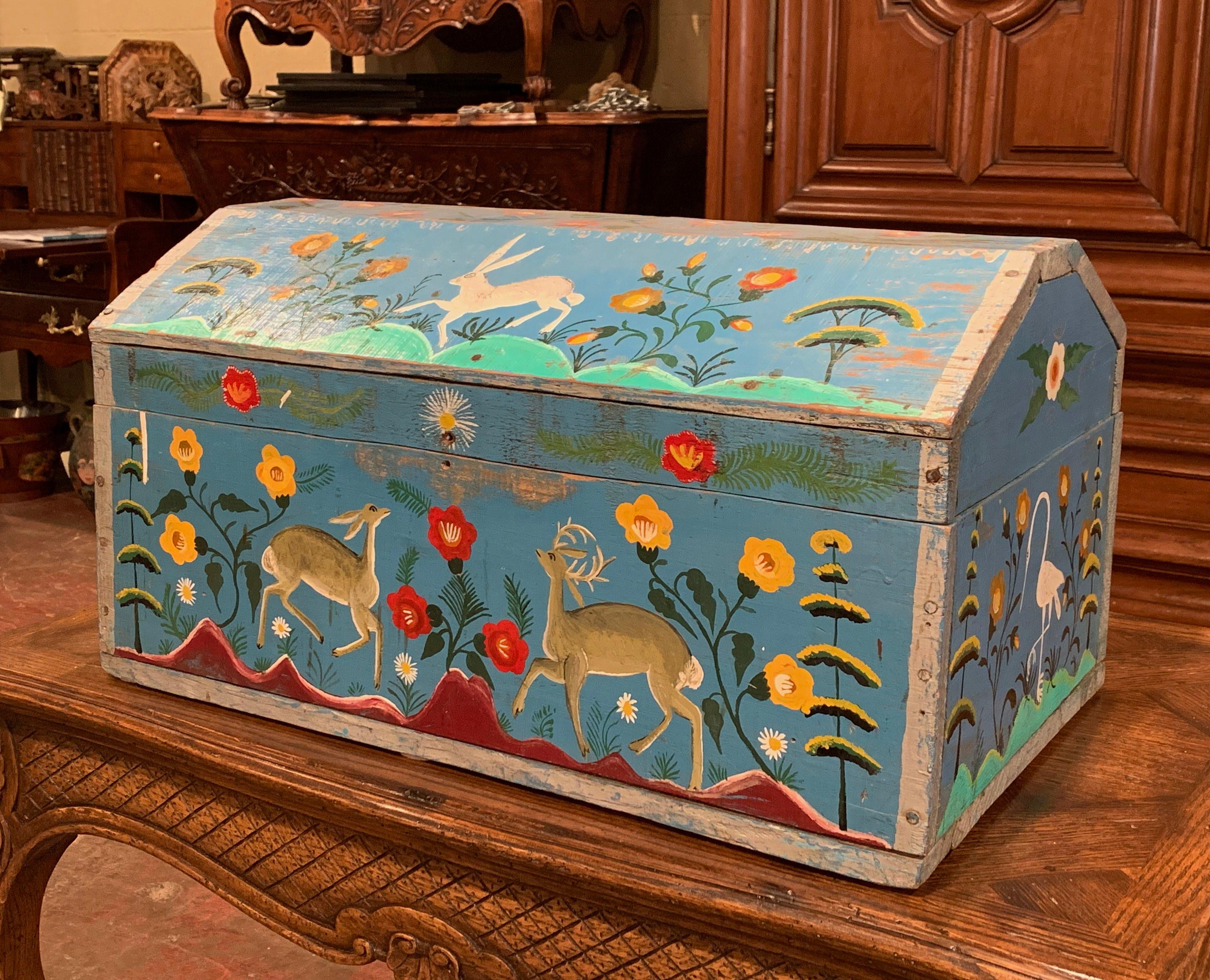 Hand-Painted 19th Century French Hand Painted Trunk with Rabbit and Deer Motifs from Normandy