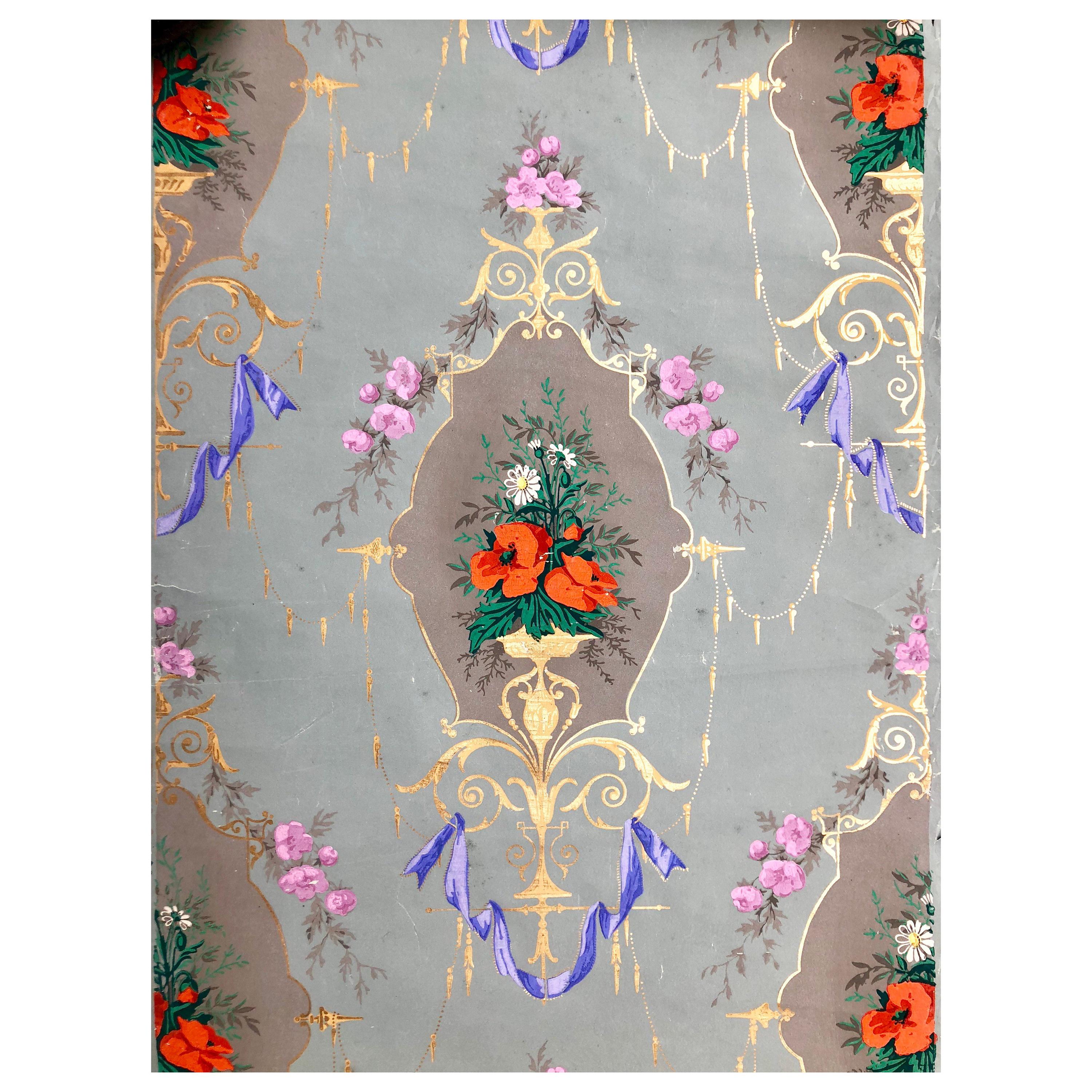 19th Century French Hand Painted Wallpaper, Second Empire Era, E. Muller Style For Sale